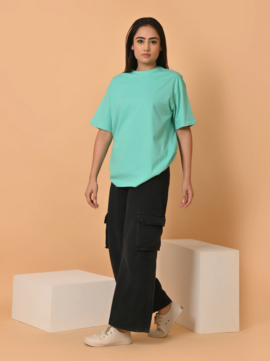Women's Solid Sea Green Oversized Round Neck Cotton Lycra T-shirt