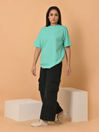 Women's Solid Sea Green Oversized Round Neck Cotton Lycra T-shirt