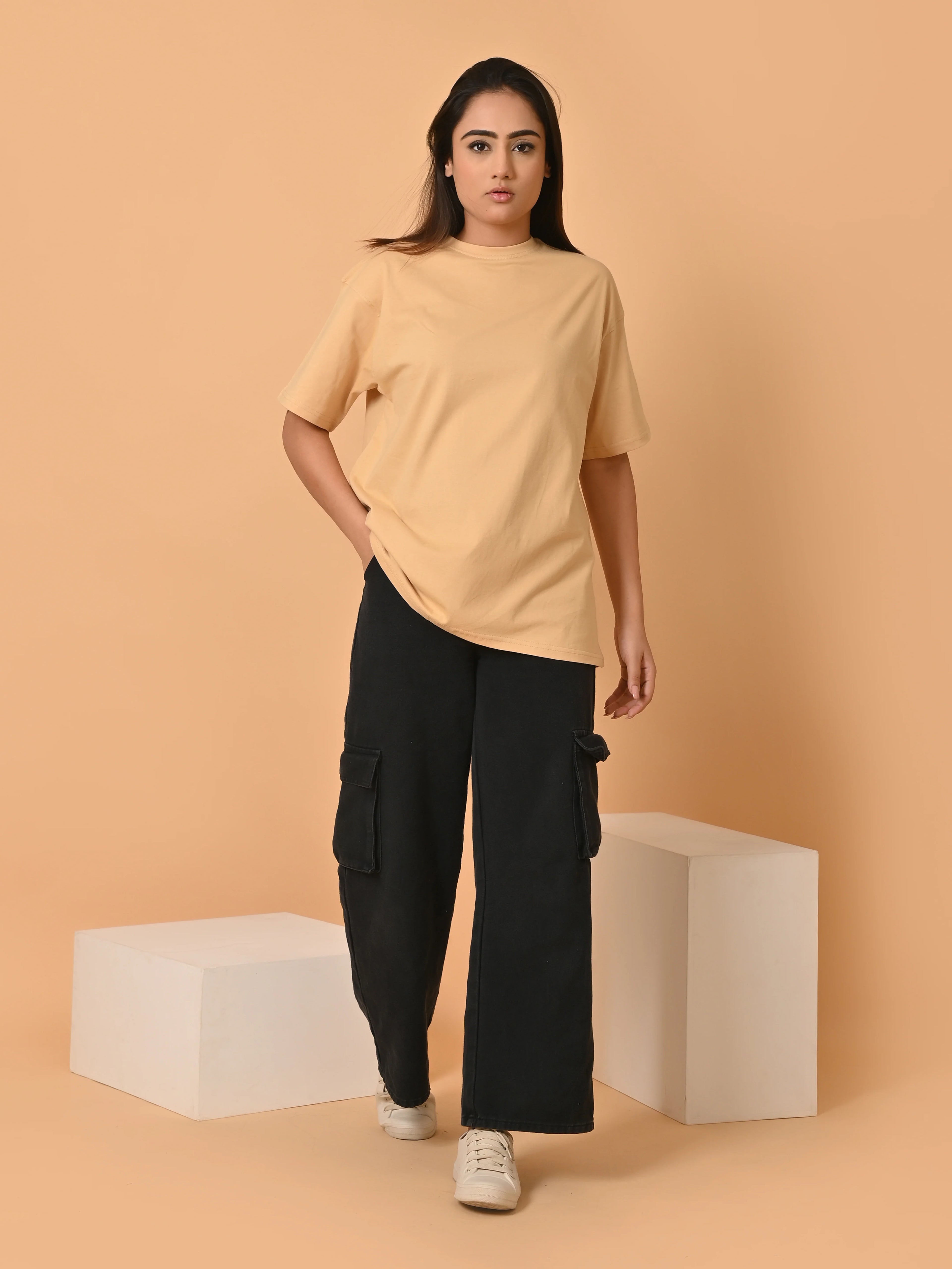 Women's Solid Beige Oversized Round Neck Cotton Lycra T-shirt
