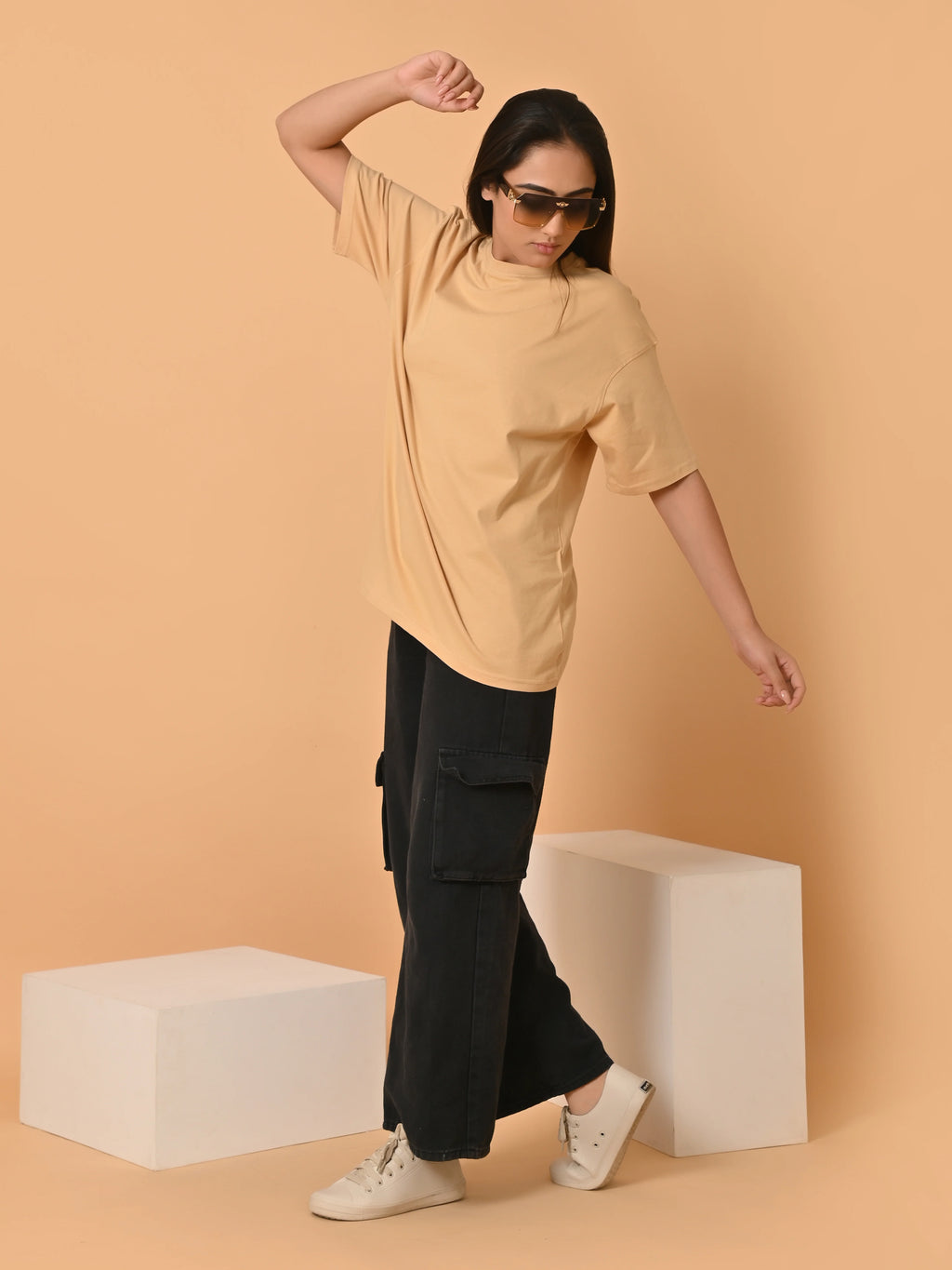 Women's Solid Beige Oversized Round Neck Cotton Lycra T-shirt