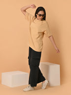 Women's Solid Beige Oversized Round Neck Cotton Lycra T-shirt