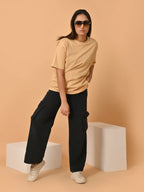 Women's Solid Beige Oversized Round Neck Cotton Lycra T-shirt