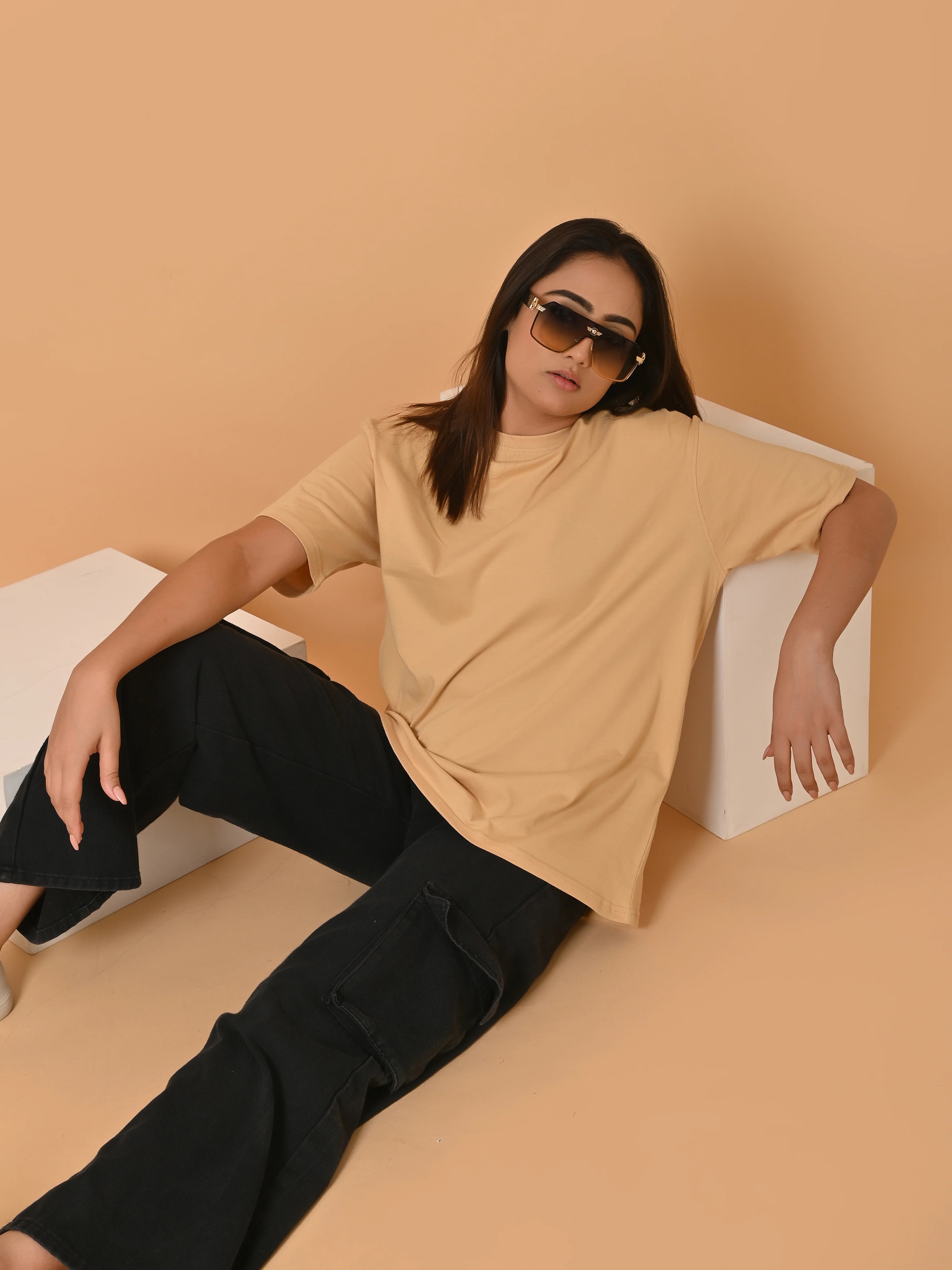 Women's Solid Beige Oversized Round Neck Cotton Lycra T-shirt