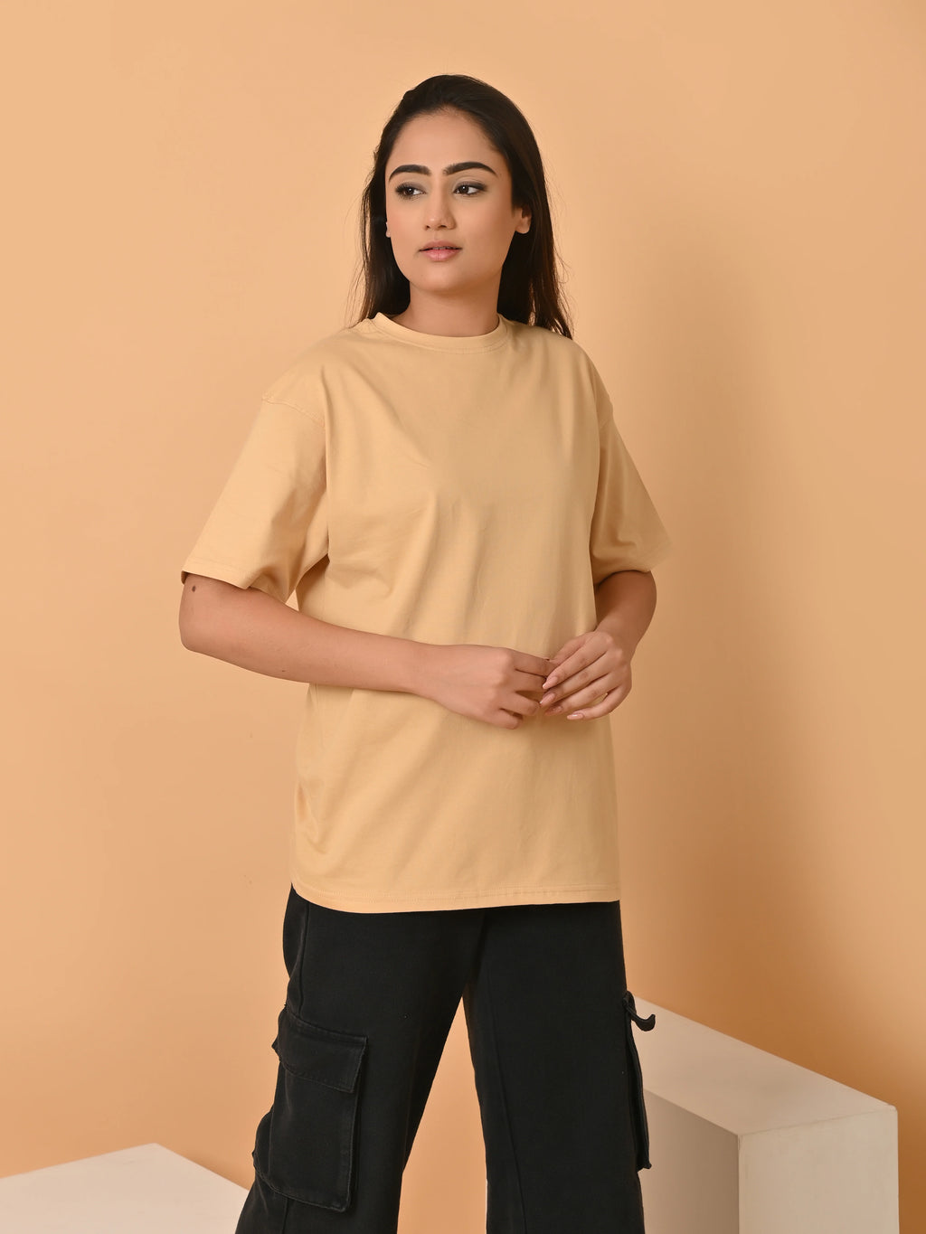 Women's Solid Beige Oversized Round Neck Cotton Lycra T-shirt
