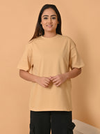 Women's Solid Beige Oversized Round Neck Cotton Lycra T-shirt