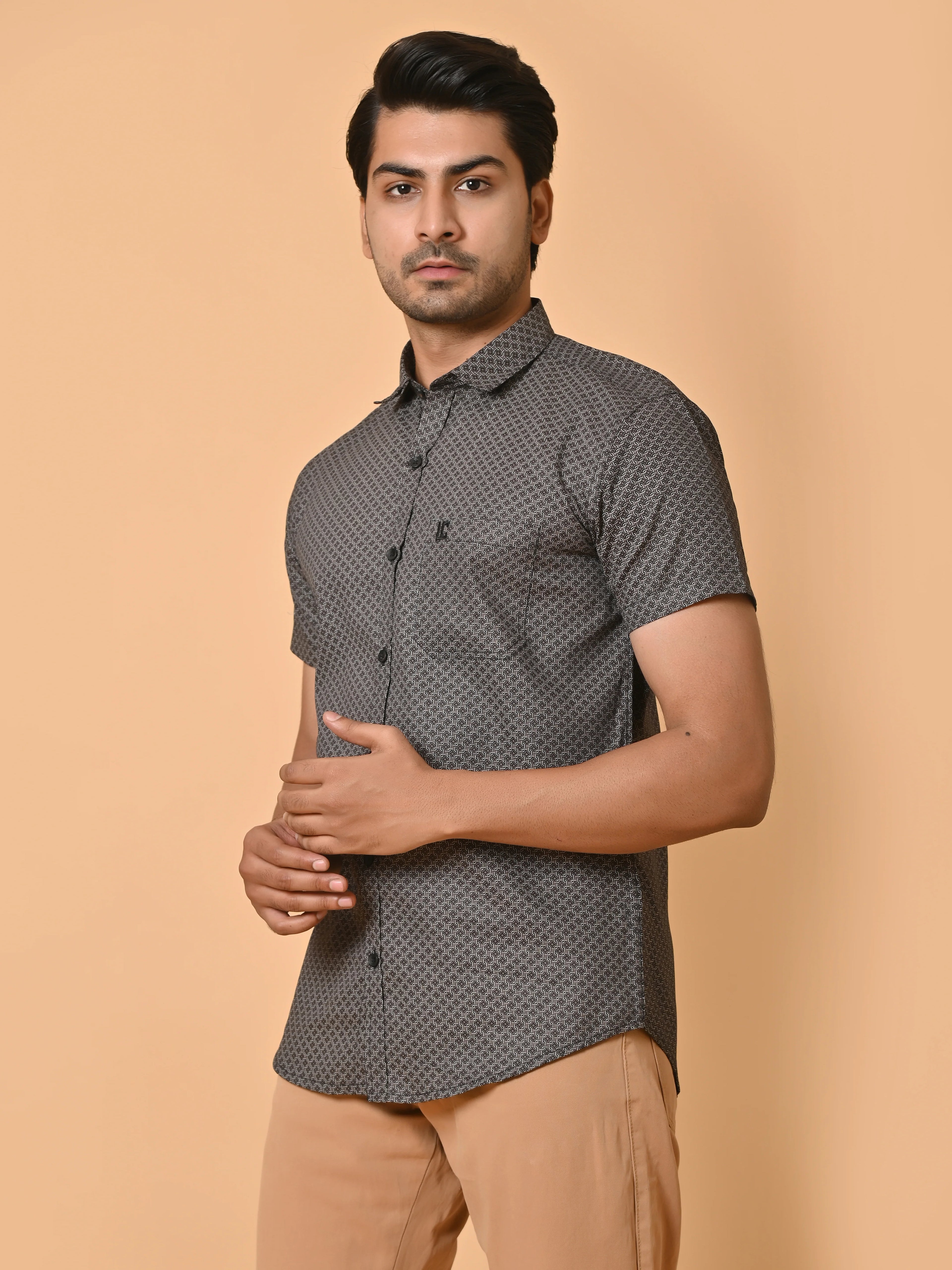 Men's Premium Satin Half Sleeves Monochrome Knot Pattern Printed Shirt