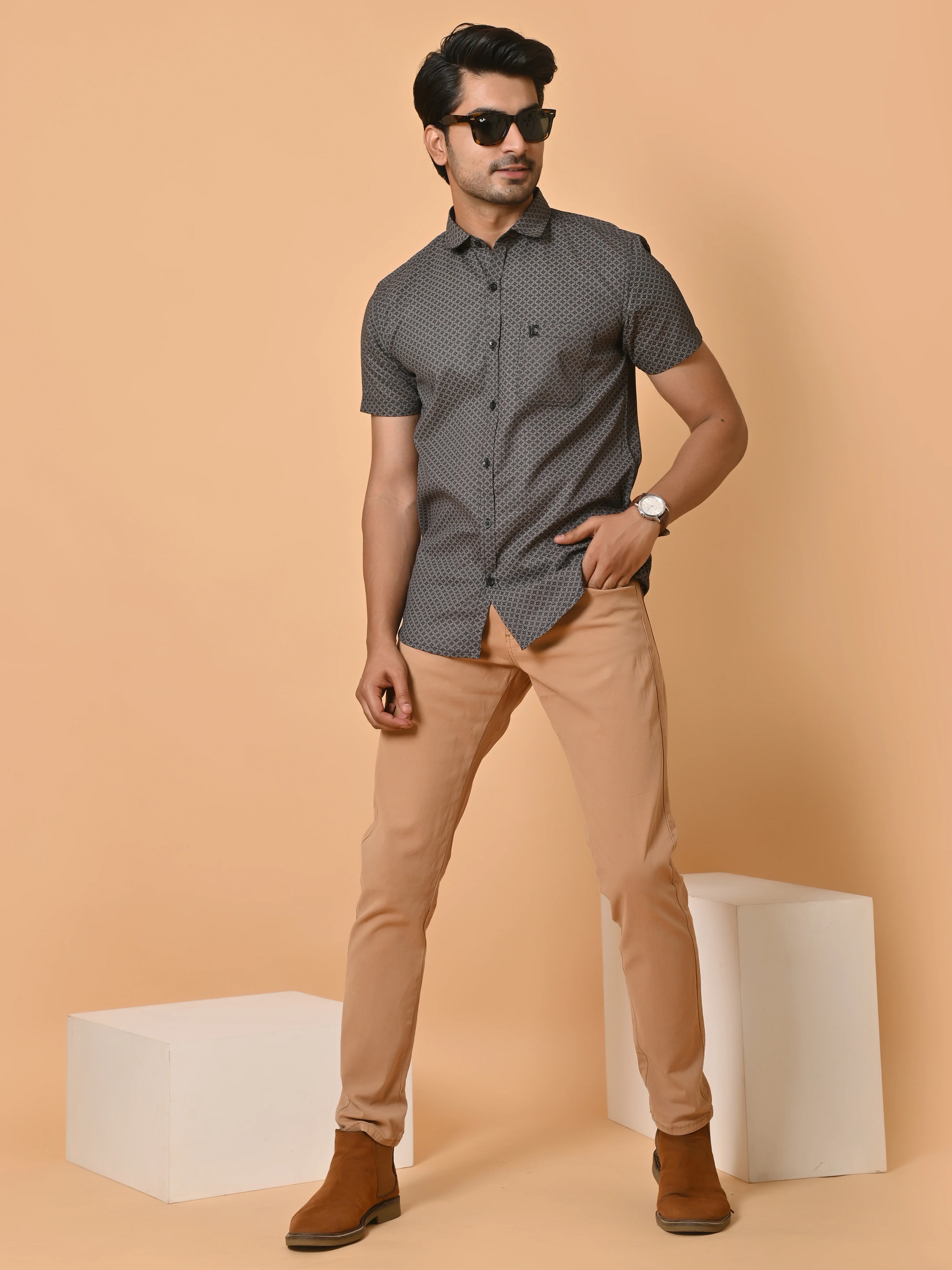 Men's Premium Satin Half Sleeves Monochrome Knot Pattern Printed Shirt