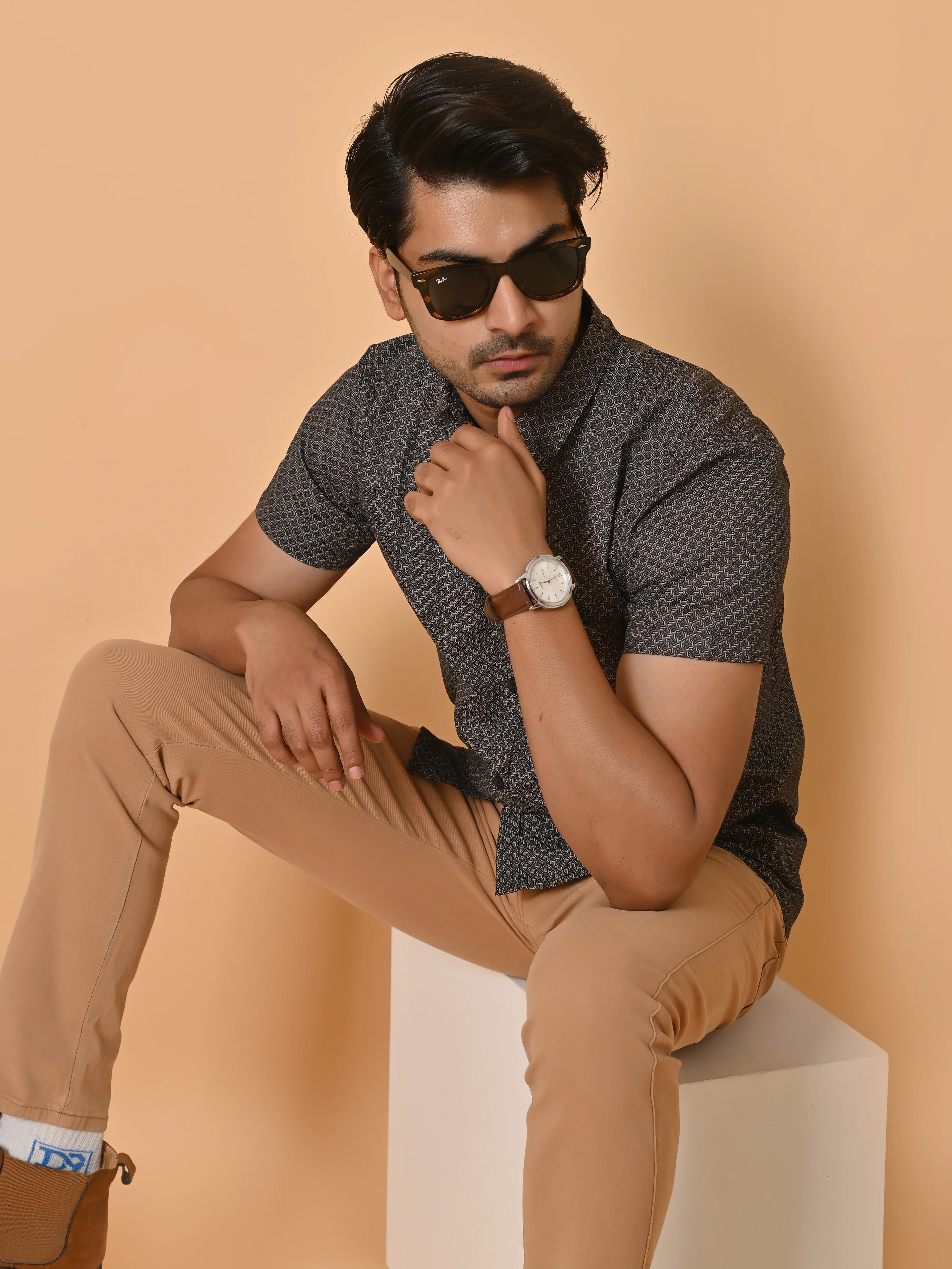 Men's Premium Satin Half Sleeves Monochrome Knot Pattern Printed Shirt