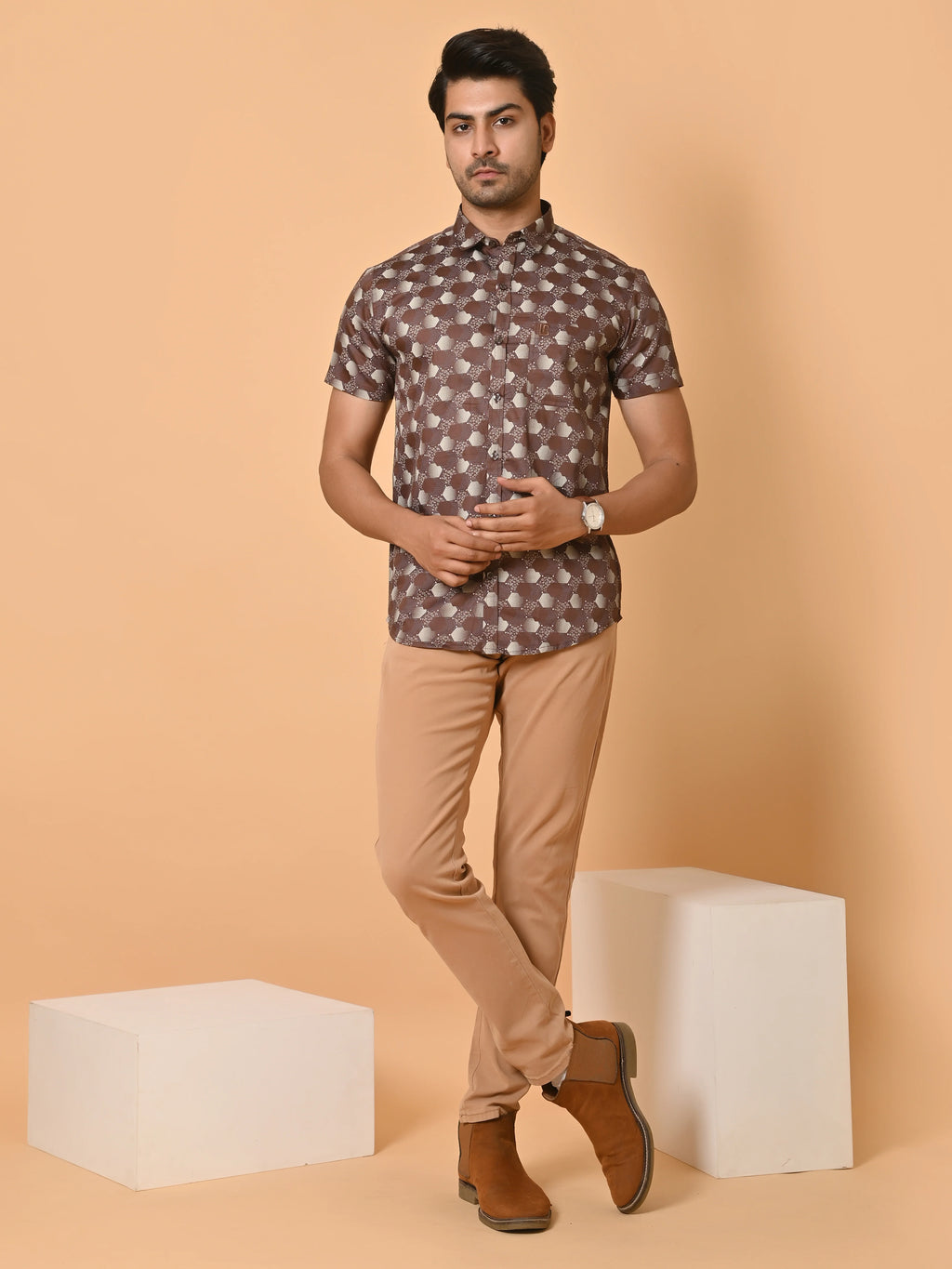 Men's Premium Satin Brown Half Sleeves Monochrome Hexagons Pattern Printed Shirt