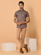 Men's Premium Satin Brown Half Sleeves Monochrome Hexagons Pattern Printed Shirt