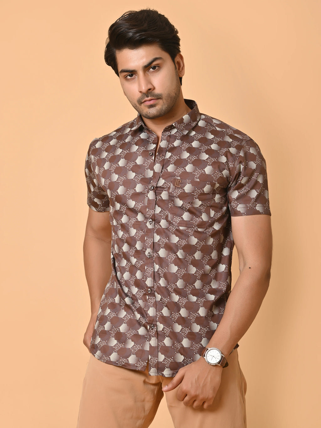 Men's Premium Satin Brown Half Sleeves Monochrome Hexagons Pattern Printed Shirt