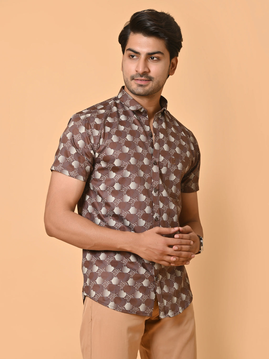 Men's Premium Satin Brown Half Sleeves Monochrome Hexagons Pattern Printed Shirt