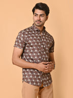 Men's Premium Satin Brown Half Sleeves Monochrome Hexagons Pattern Printed Shirt