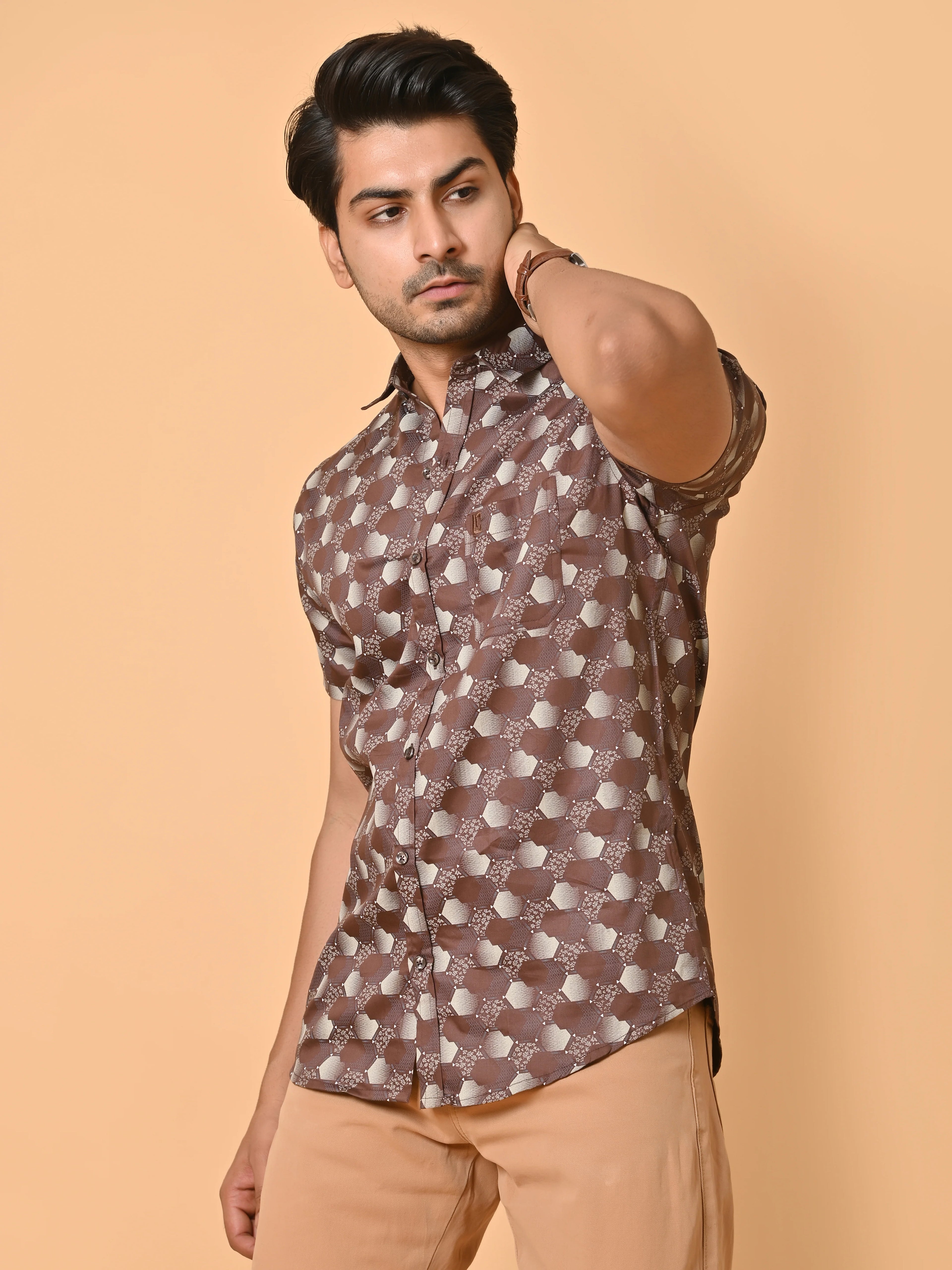 Men's Premium Satin Brown Half Sleeves Monochrome Hexagons Pattern Printed Shirt