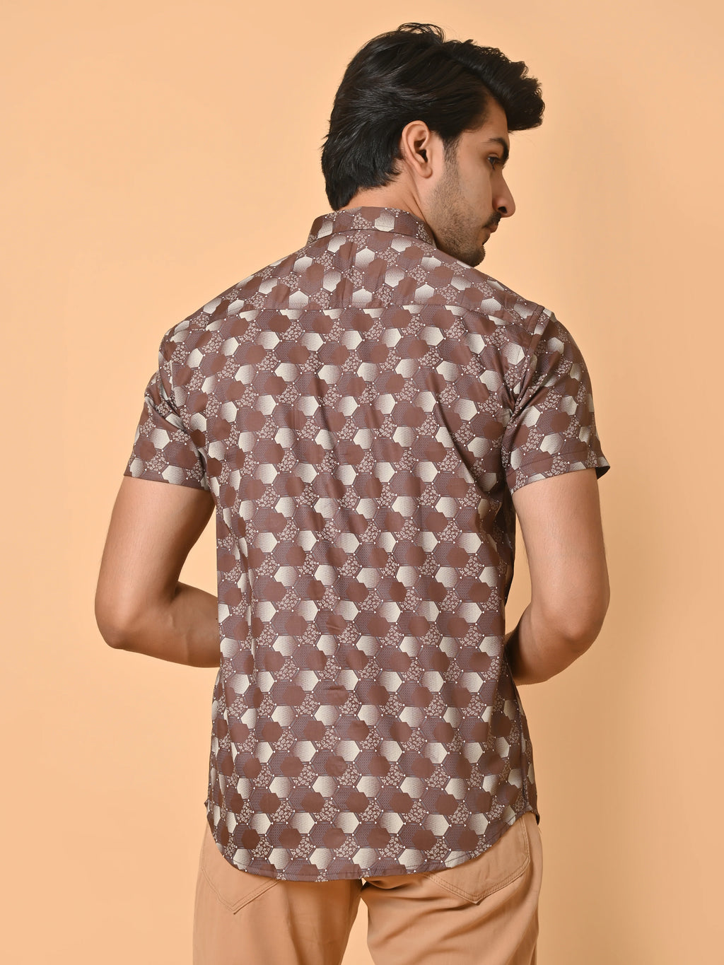 Men's Premium Satin Brown Half Sleeves Monochrome Hexagons Pattern Printed Shirt