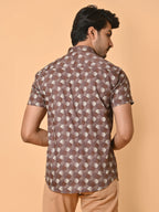 Men's Premium Satin Brown Half Sleeves Monochrome Hexagons Pattern Printed Shirt