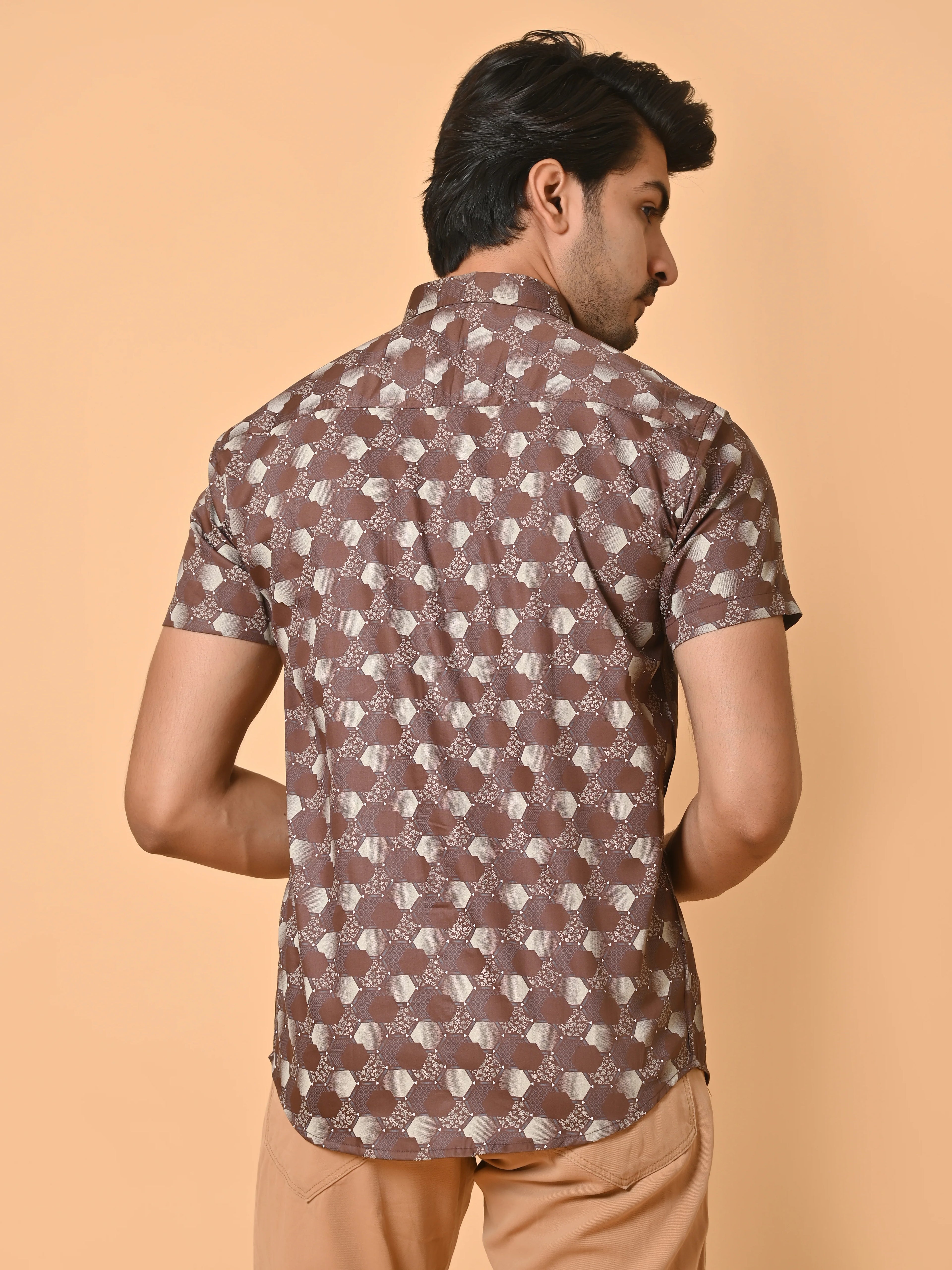 Men's Premium Satin Brown Half Sleeves Monochrome Hexagons Pattern Printed Shirt