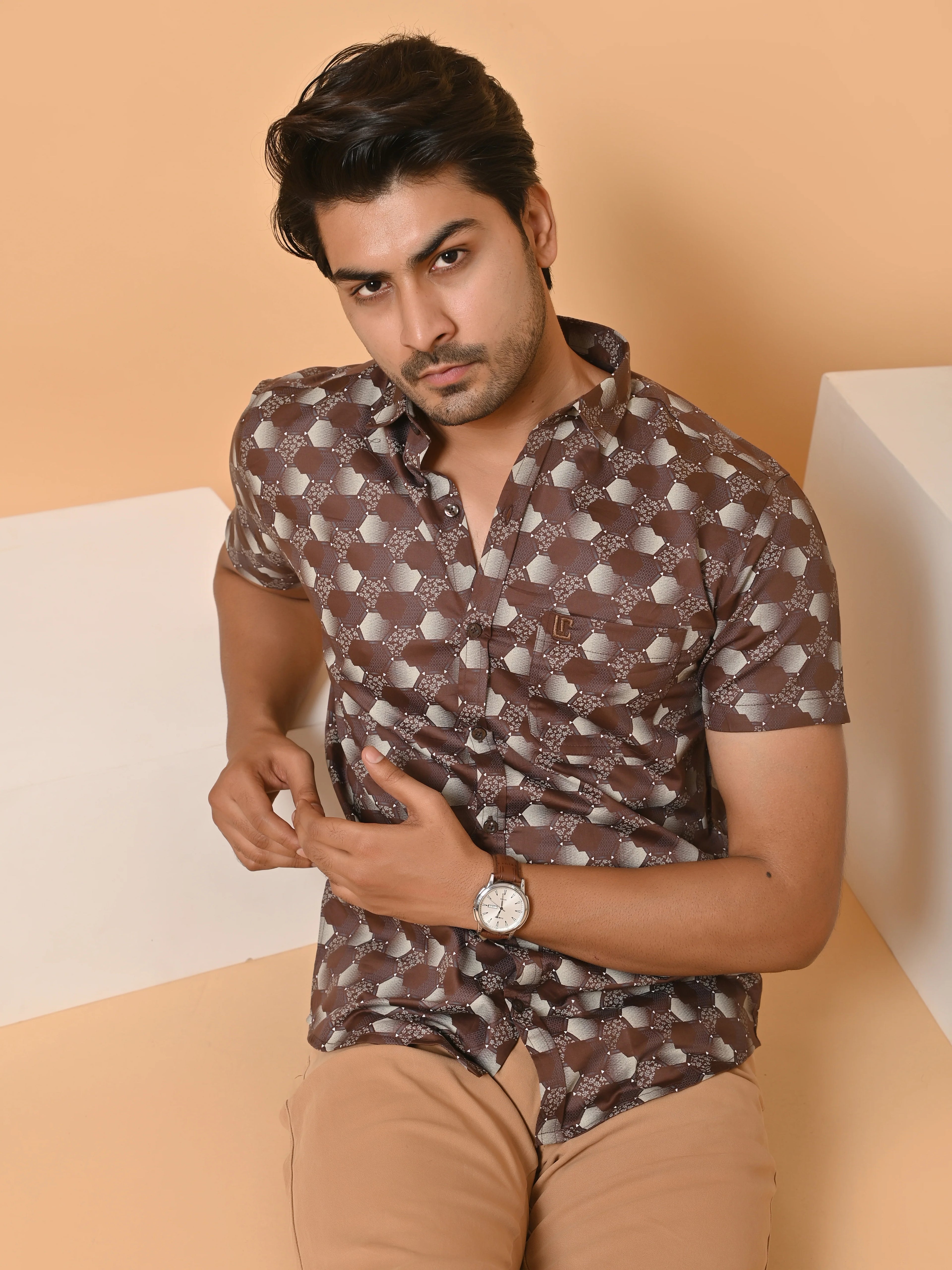 Men's Premium Satin Brown Half Sleeves Monochrome Hexagons Pattern Printed Shirt