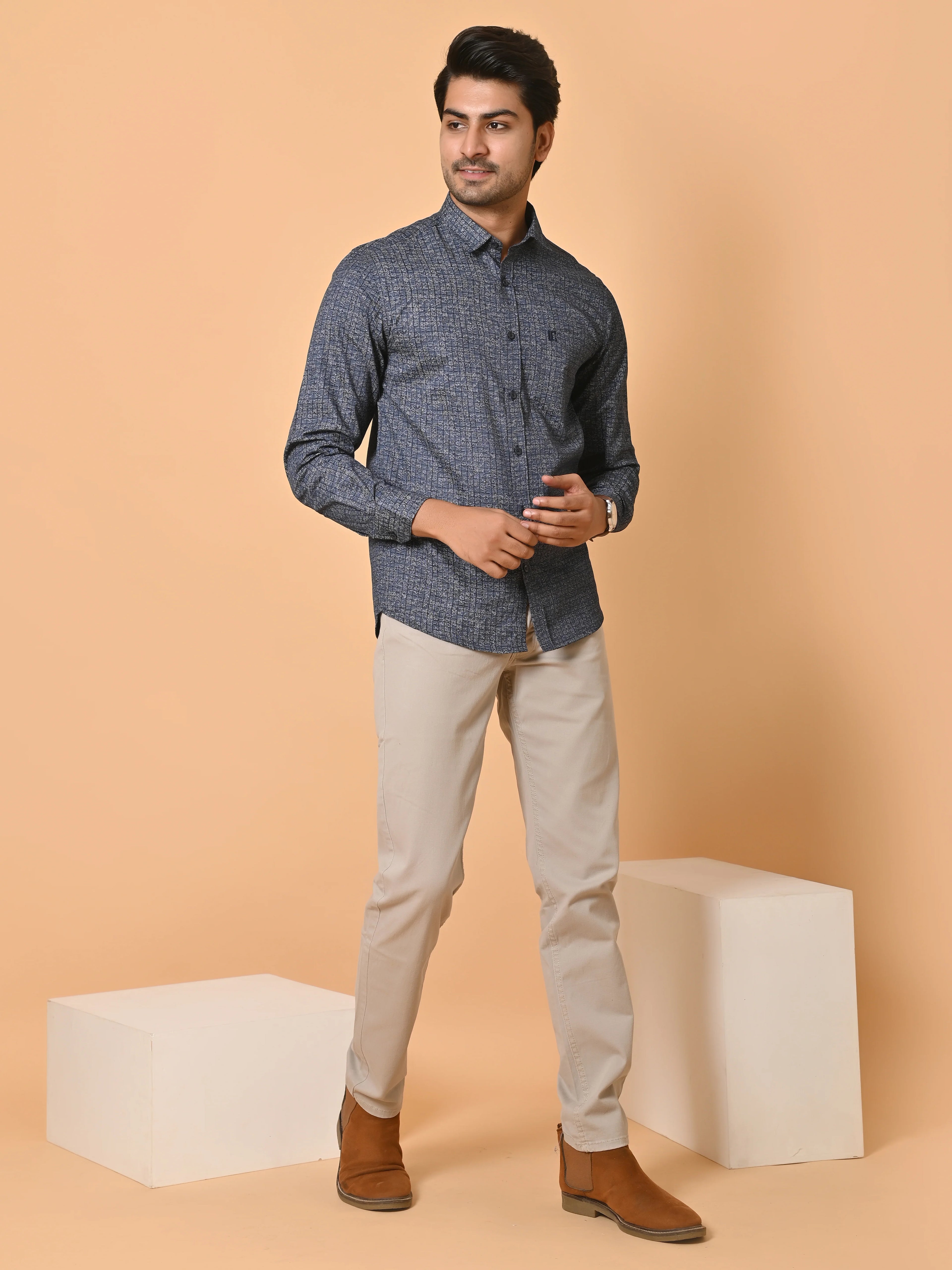 Men's Full Sleeves Abstract Checks Premium Satin Blue Shirt