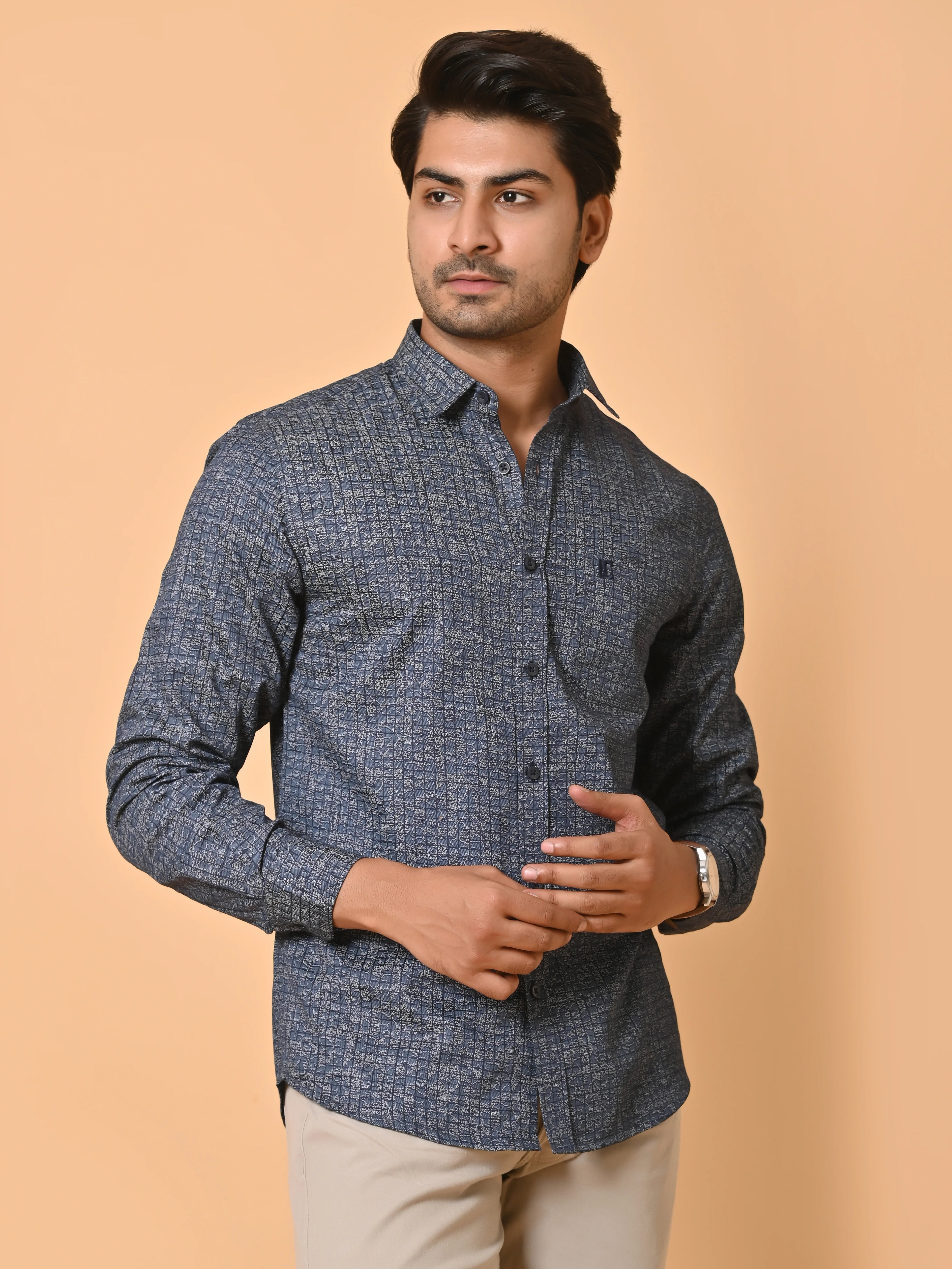 Men's Full Sleeves Abstract Checks Premium Satin Blue Shirt