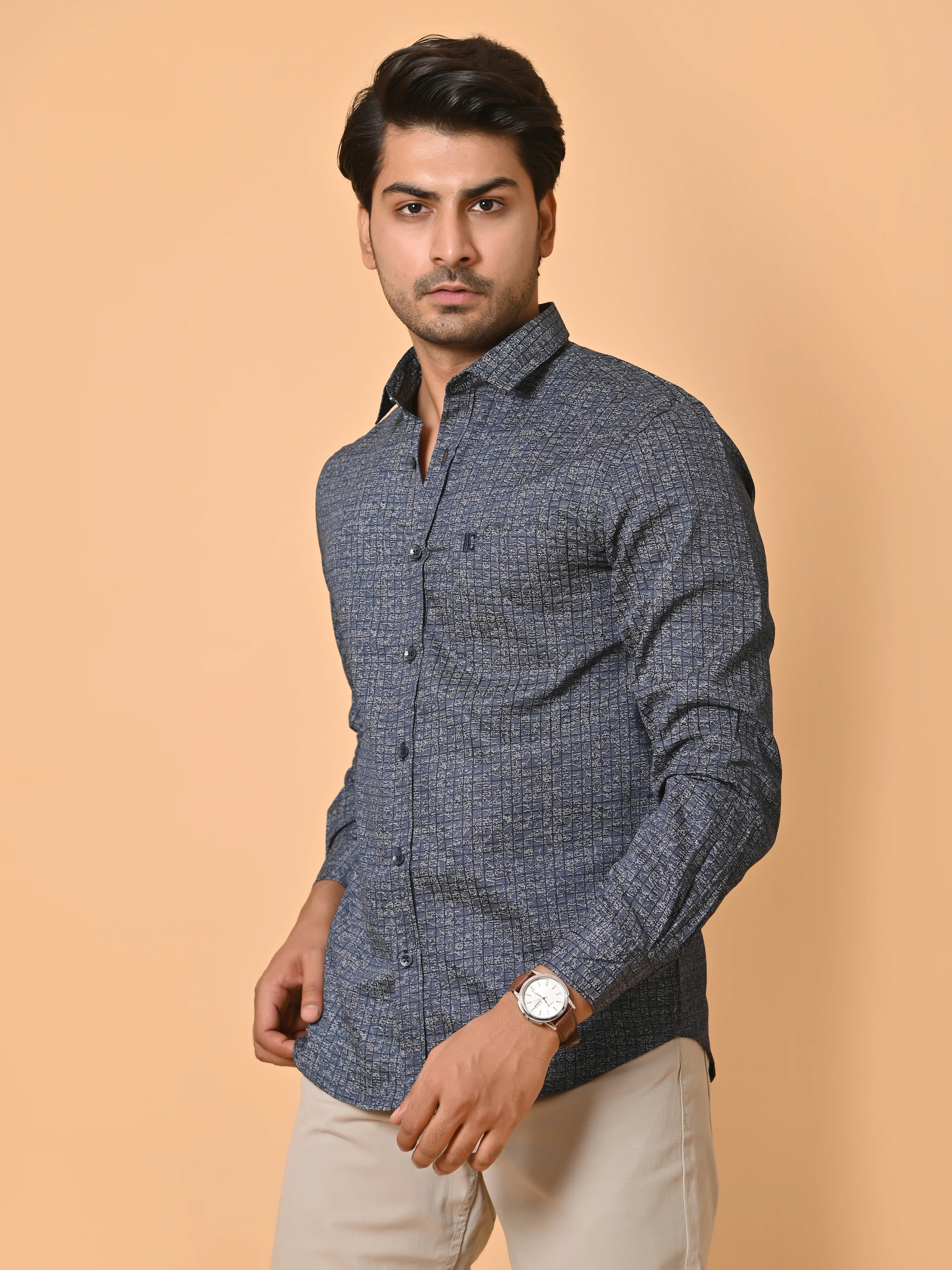 Men's Full Sleeves Abstract Checks Premium Satin Blue Shirt