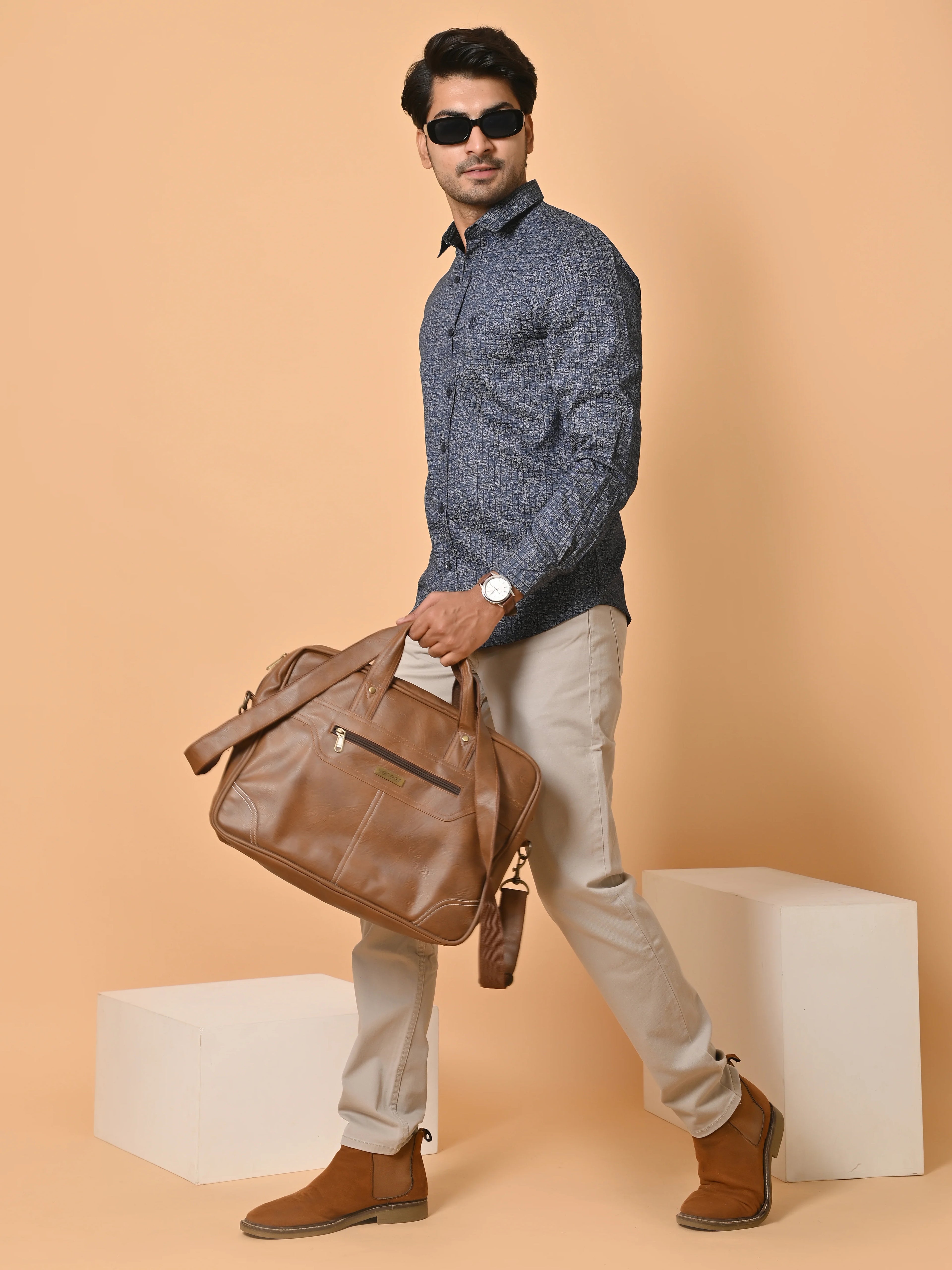 Men's Full Sleeves Abstract Checks Premium Satin Blue Shirt