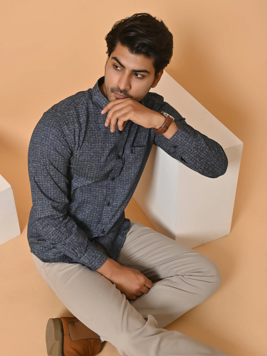 Men's Full Sleeves Abstract Checks Premium Satin Blue Shirt