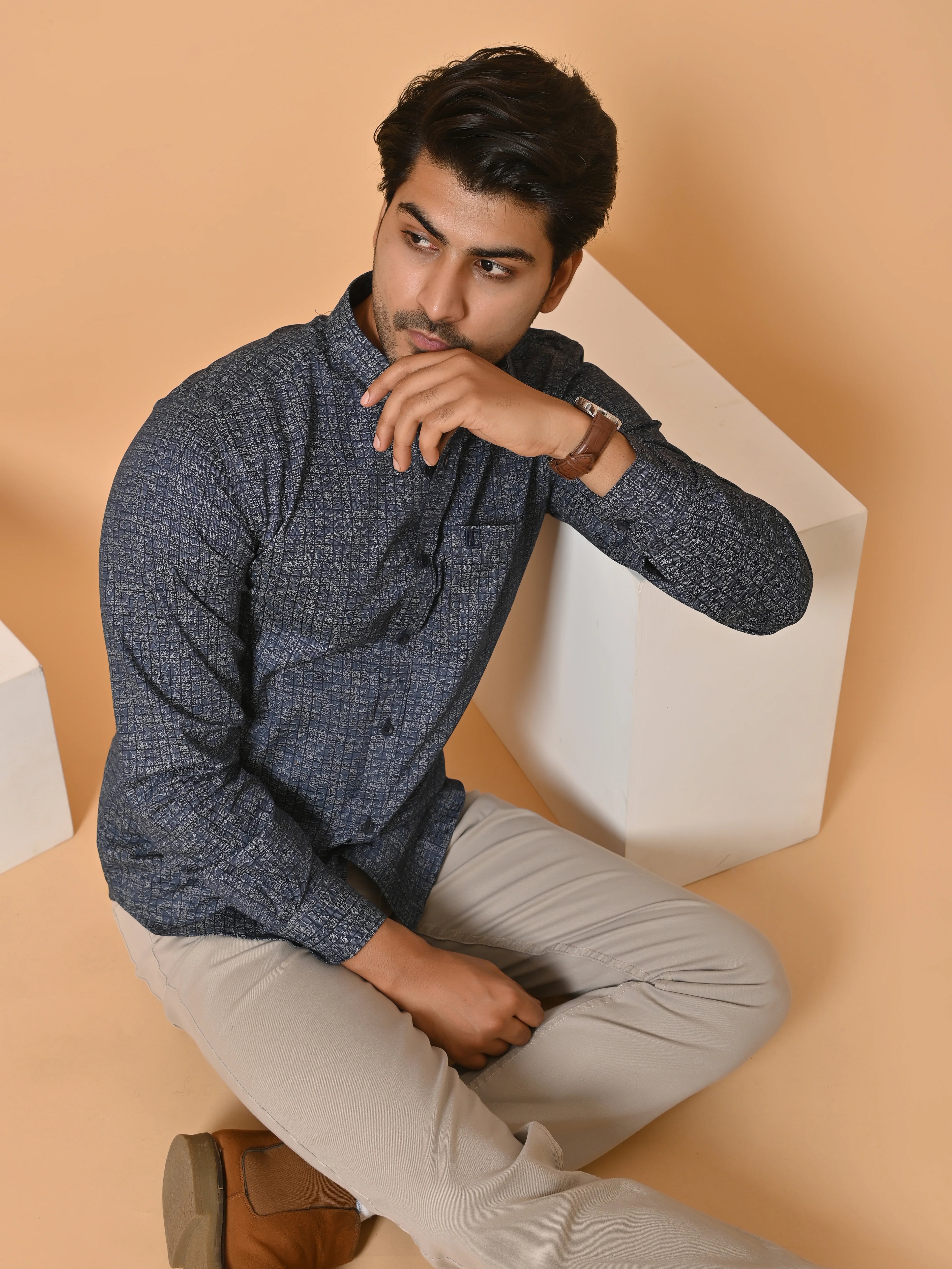 Men's Full Sleeves Abstract Checks Premium Satin Blue Shirt