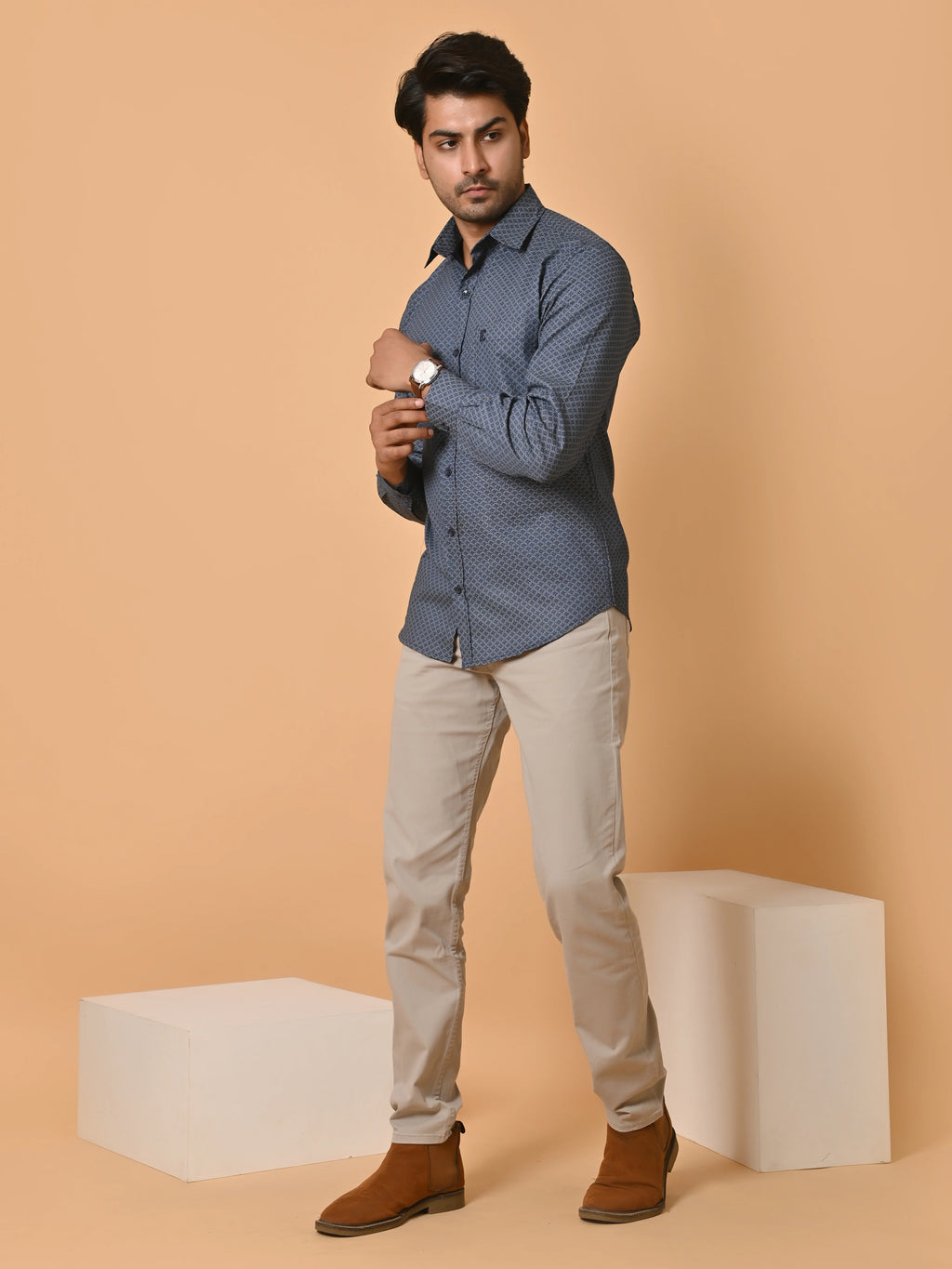 Men's Premium Satin Dark Blue Azure Knot Full Sleeves Printed Shirt