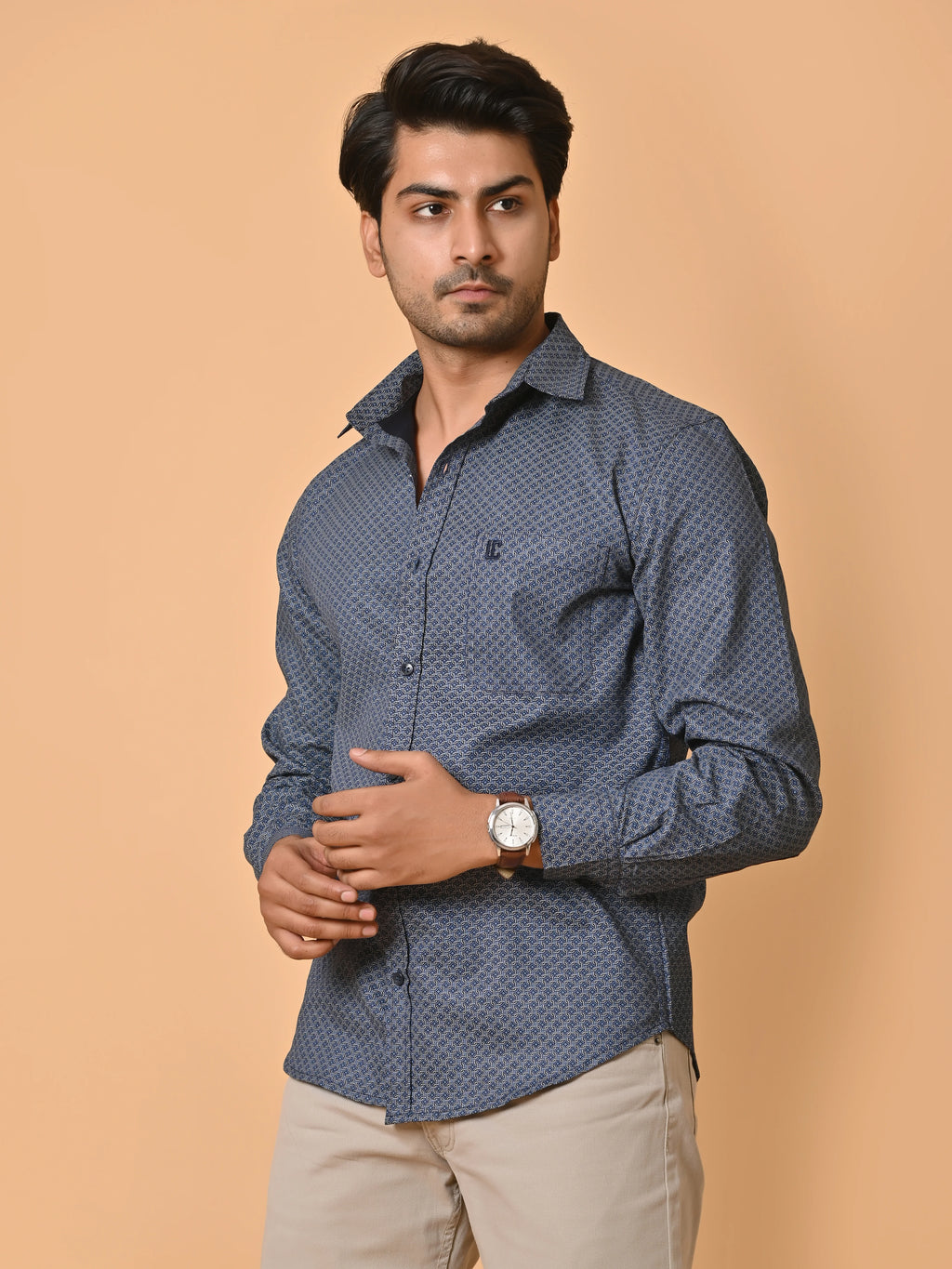 Men's Premium Satin Dark Blue Azure Knot Full Sleeves Printed Shirt