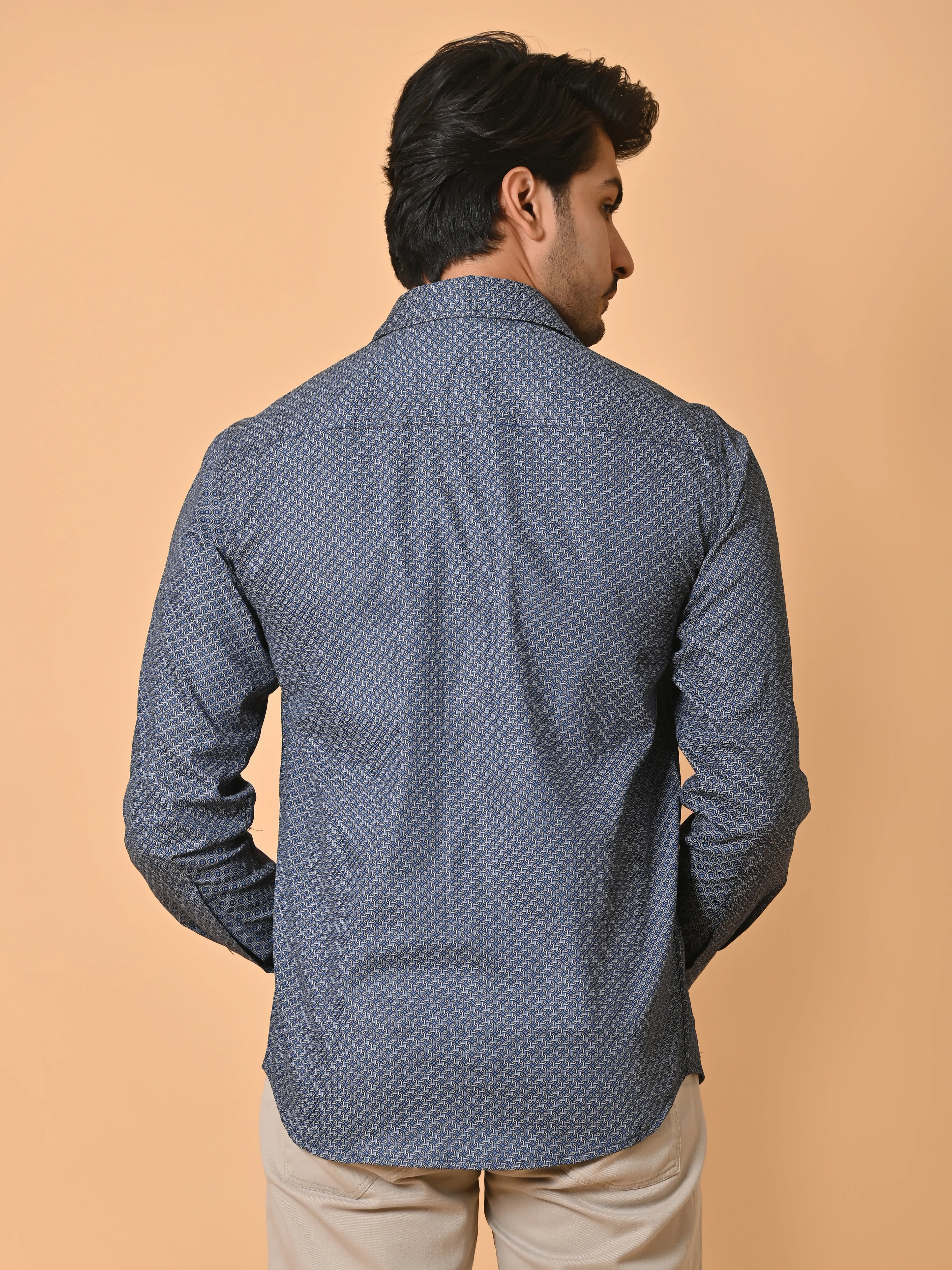 Men's Premium Satin Dark Blue Azure Knot Full Sleeves Printed Shirt