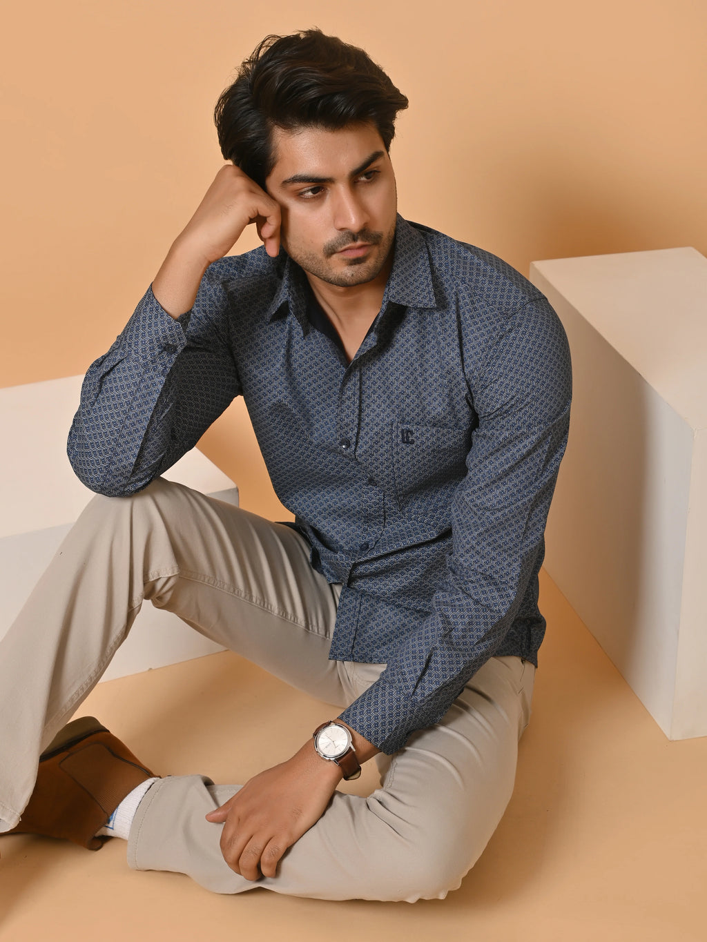 Men's Premium Satin Dark Blue Azure Knot Full Sleeves Printed Shirt