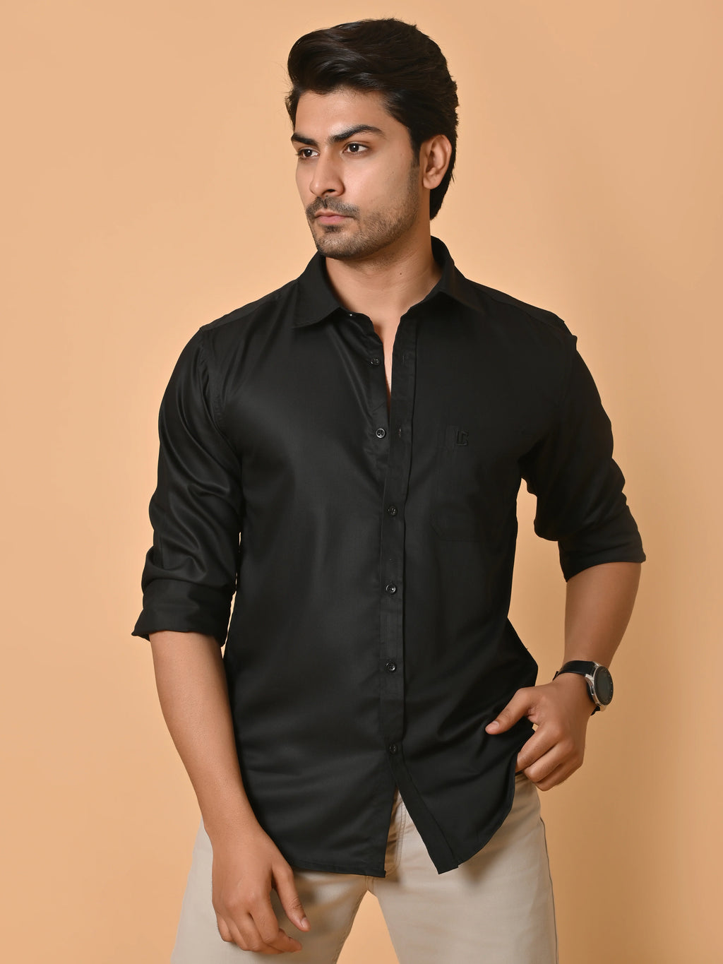 Men's Full Sleeves Plain Black Giza Cotton Shirt