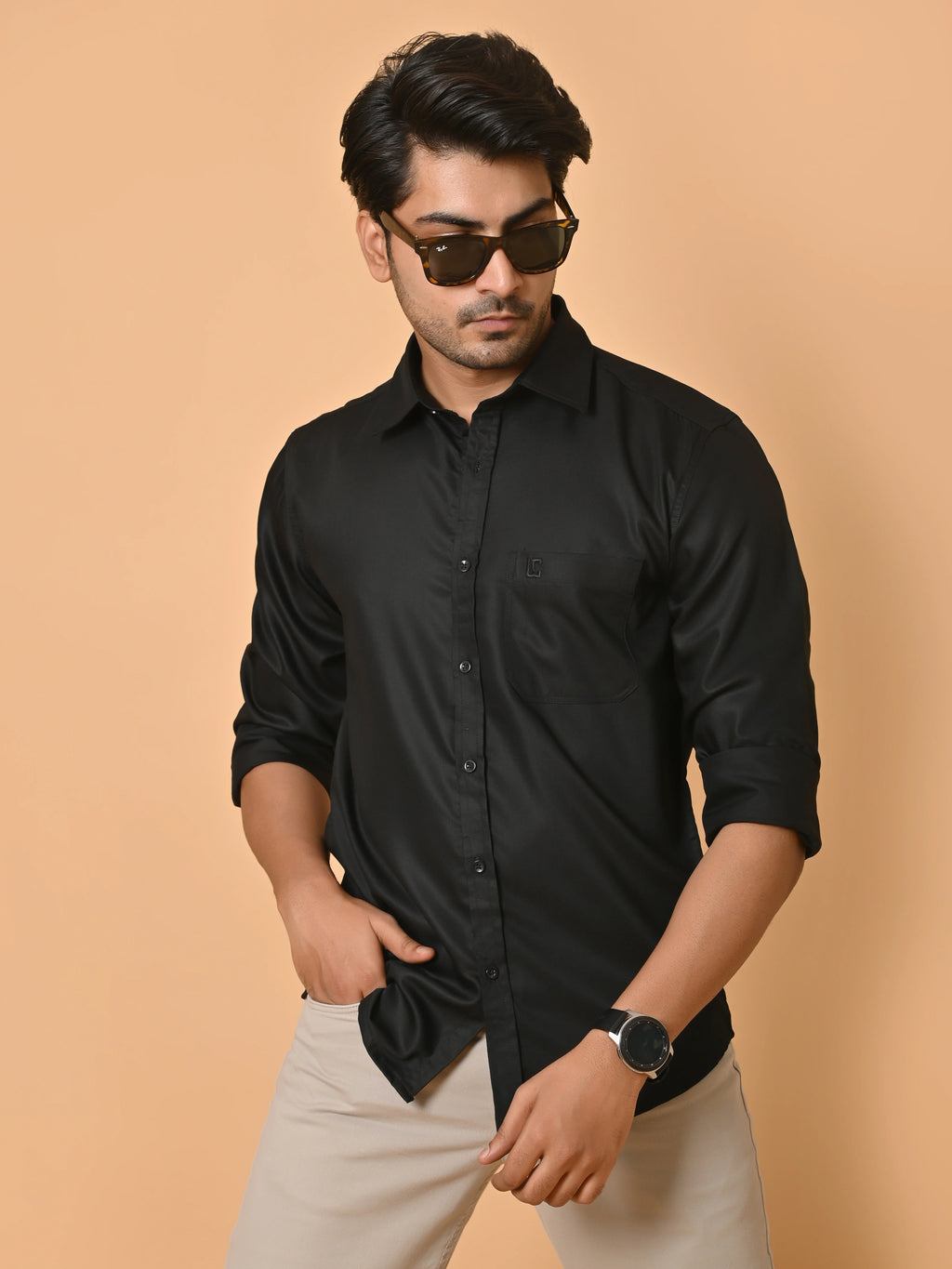 Men's Full Sleeves Plain Black Giza Cotton Shirt