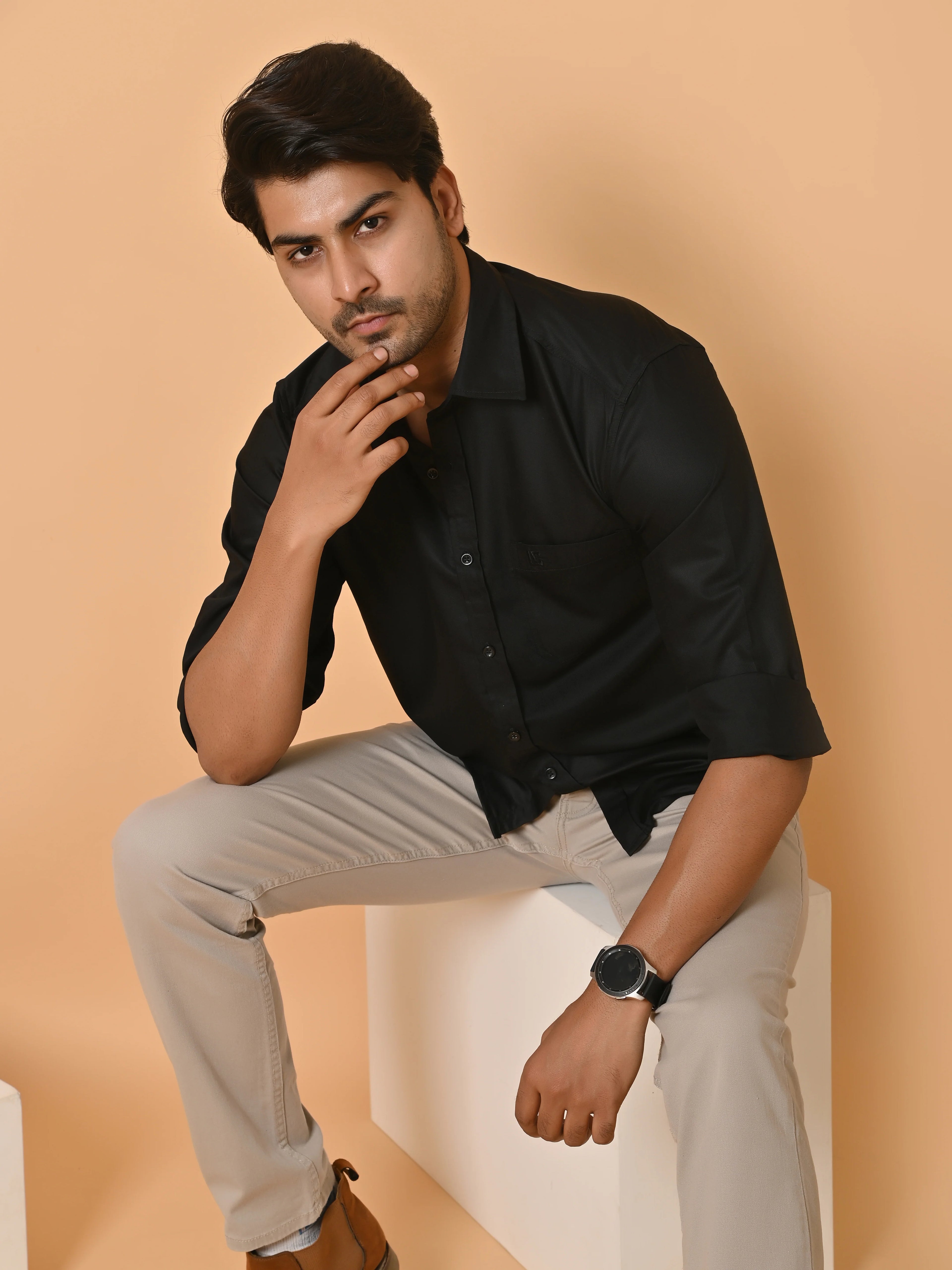 Men's Full Sleeves Plain Black Giza Cotton Shirt