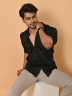 Men's Full Sleeves Plain Black Giza Cotton Shirt