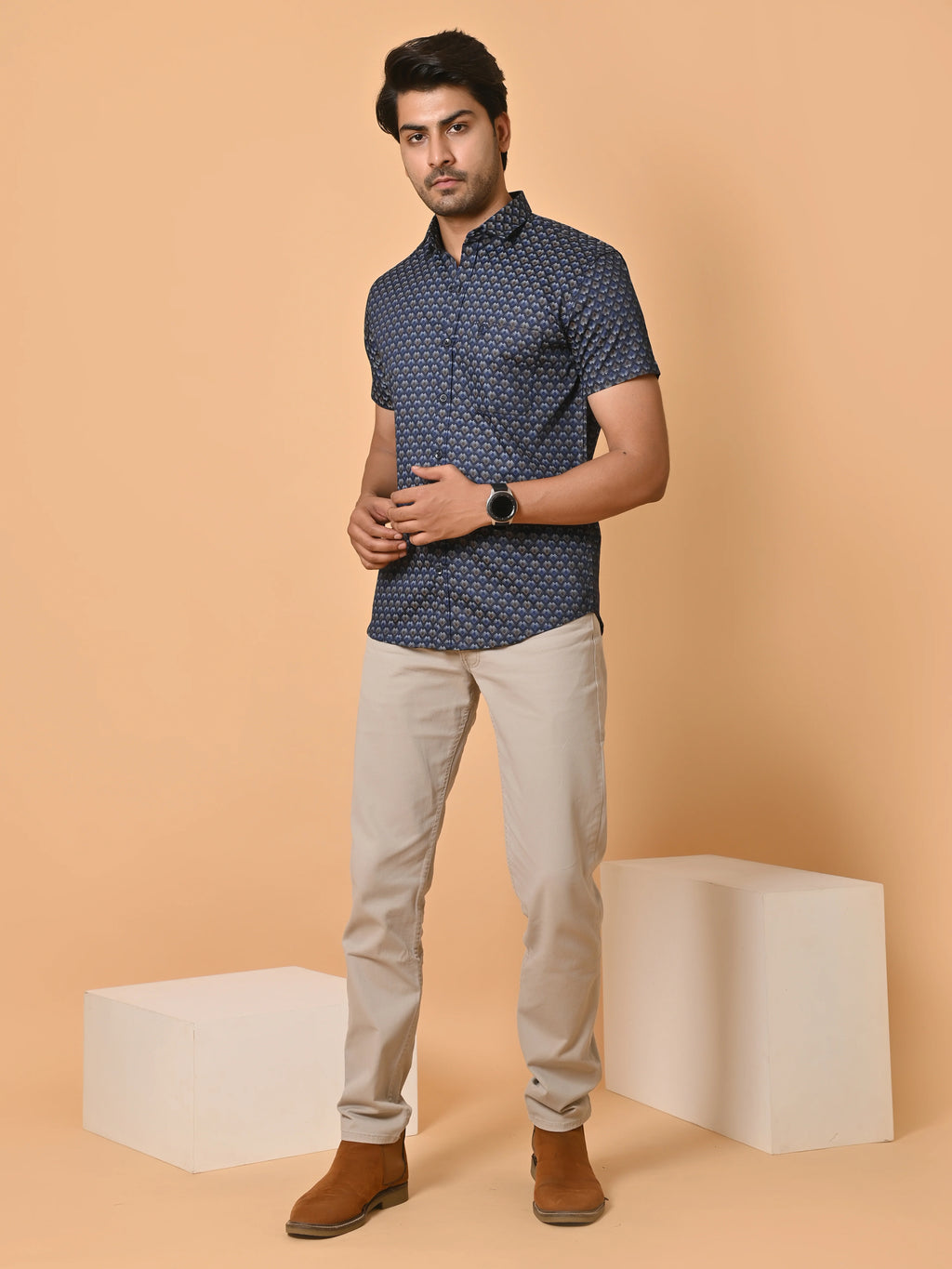 Men's Premium Satin Half Sleeves Floral Checks Pattern Printed Shirt