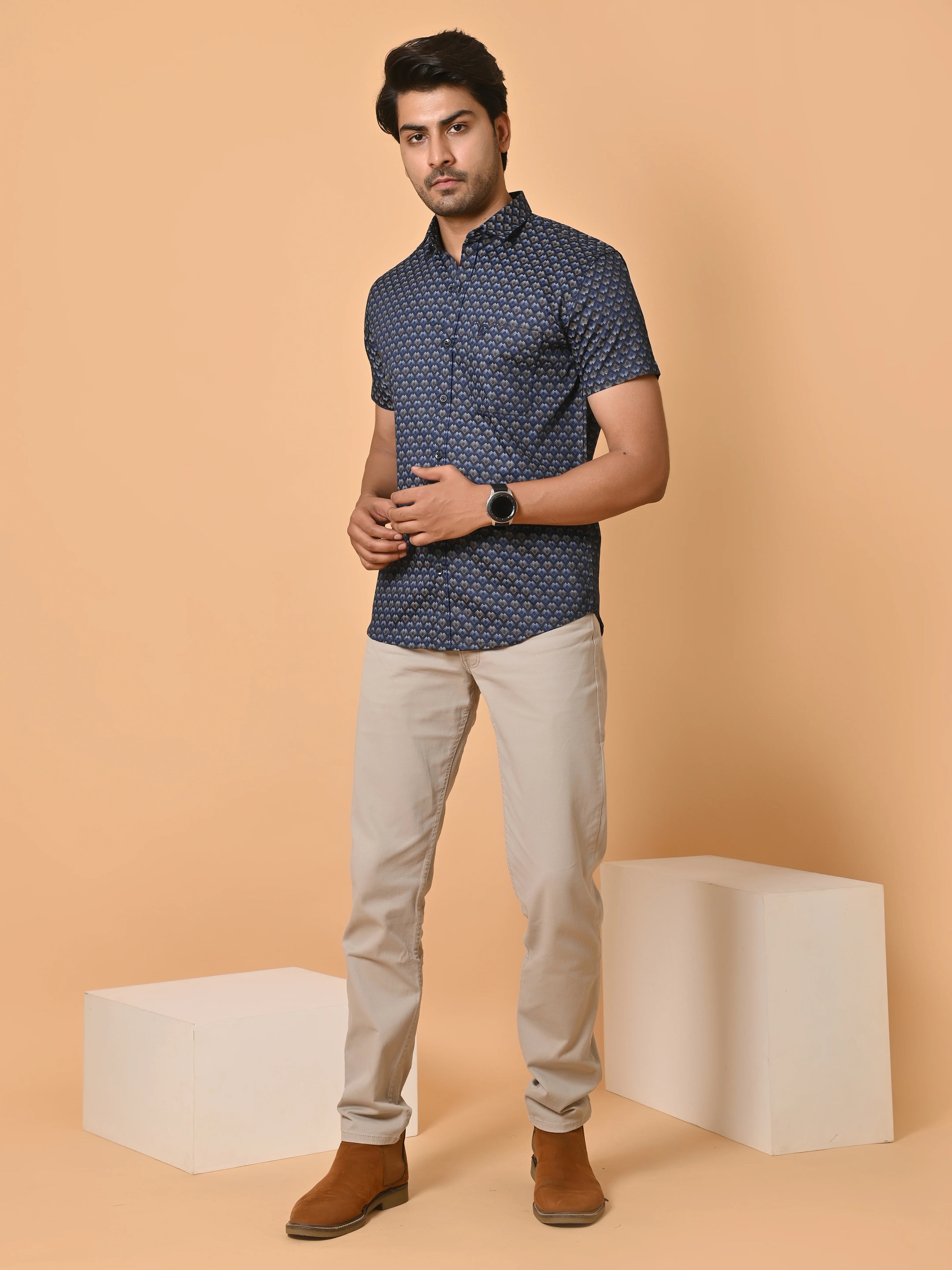 Men's Premium Satin Half Sleeves Floral Checks Pattern Printed Shirt