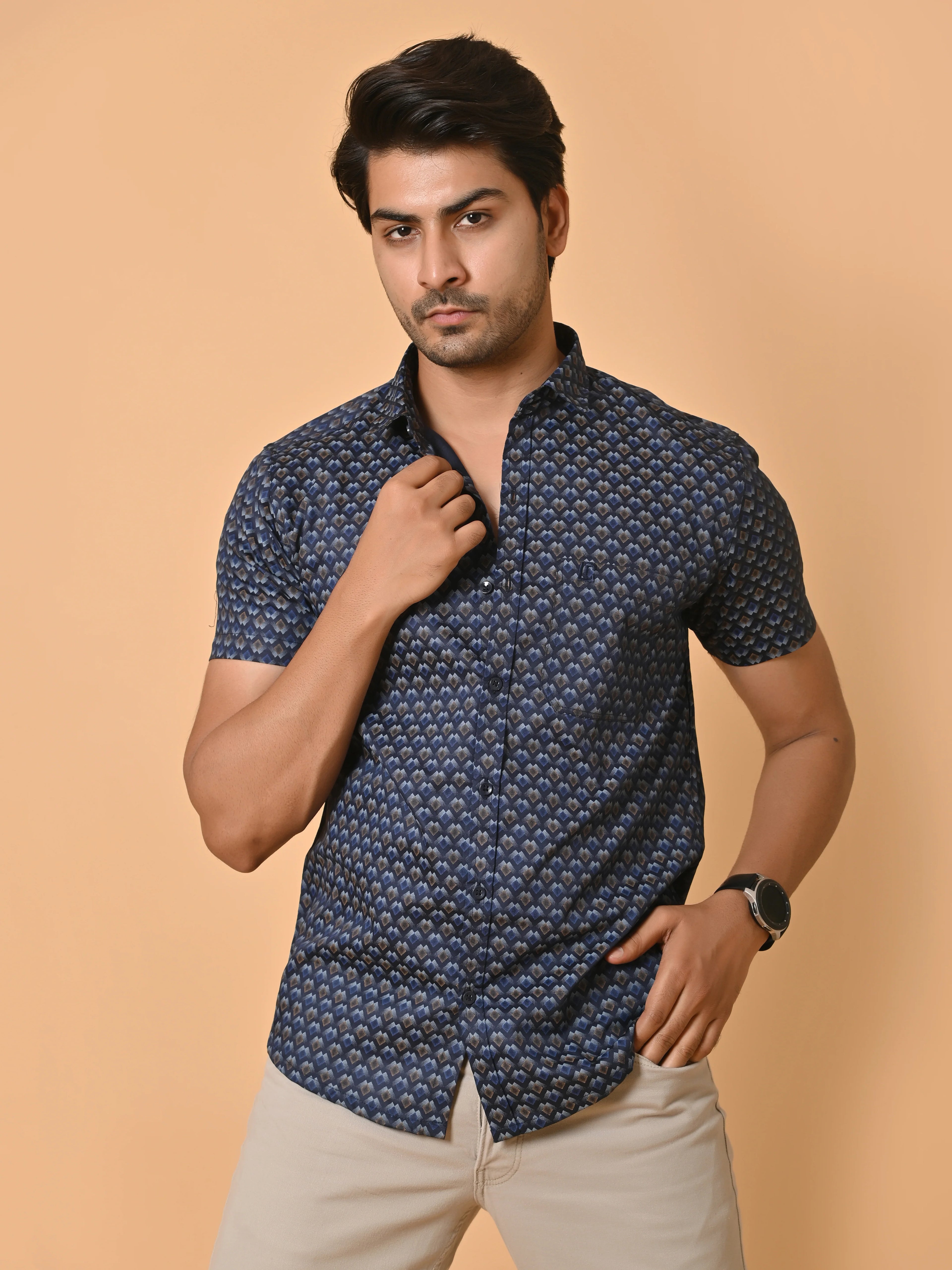 Men's Premium Satin Half Sleeves Floral Checks Pattern Printed Shirt