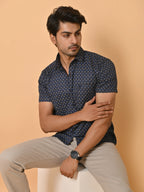 Men's Premium Satin Half Sleeves Floral Checks Pattern Printed Shirt