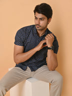 Men's Premium Satin Half Sleeves Floral Checks Pattern Printed Shirt