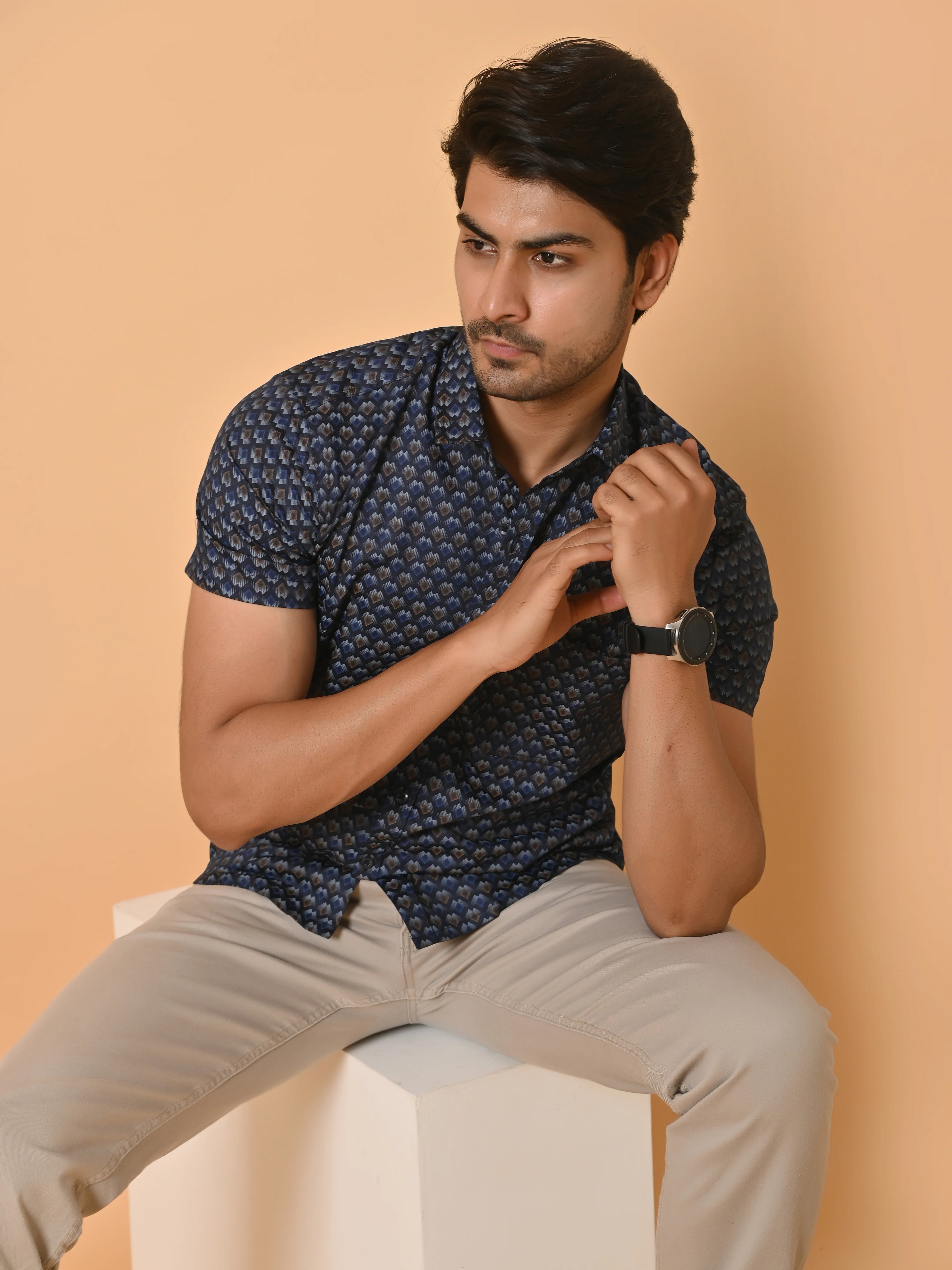 Men's Premium Satin Half Sleeves Floral Checks Pattern Printed Shirt