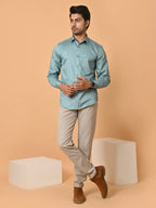 Men's Premium Satin Light Blue Abstract Checks Full Sleeves Printed Shirt