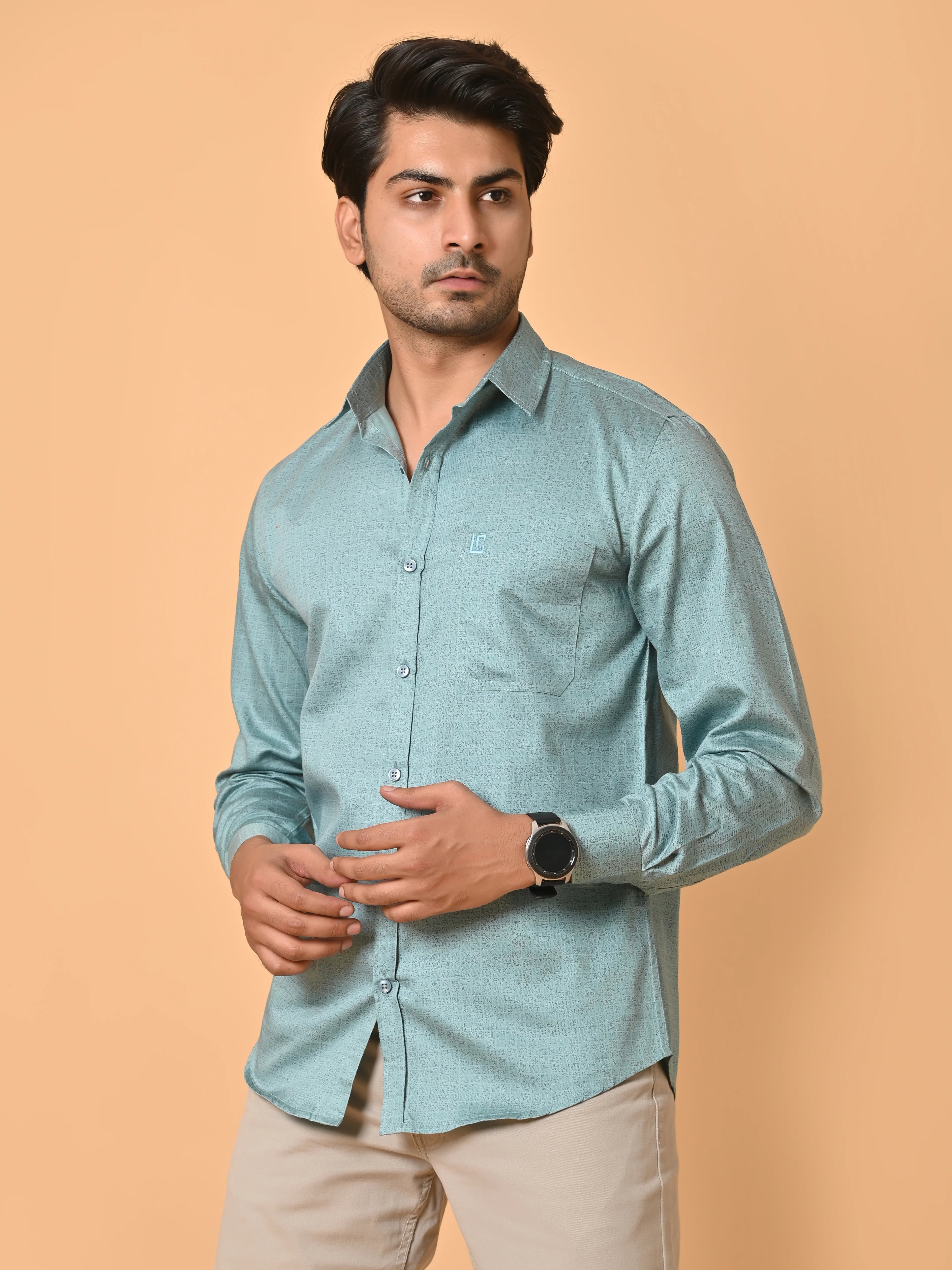 Men's Premium Satin Light Blue Abstract Checks Full Sleeves Printed Shirt