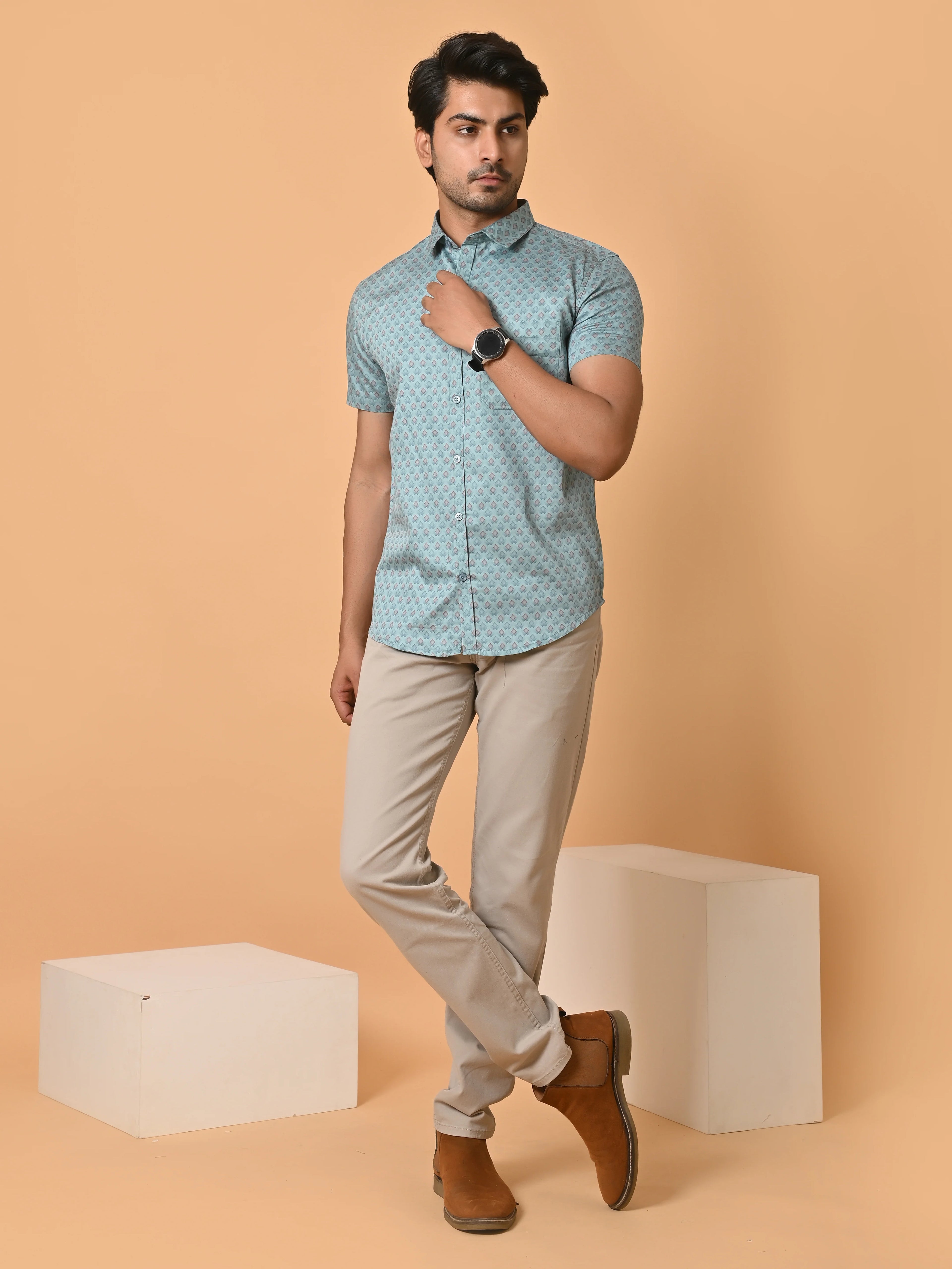 Men's Premium Satin Light Blue Half Sleeves Floral Checks Pattern Printed Shirt