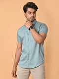 Men's Premium Satin Light Blue Half Sleeves Floral Checks Pattern Printed Shirt