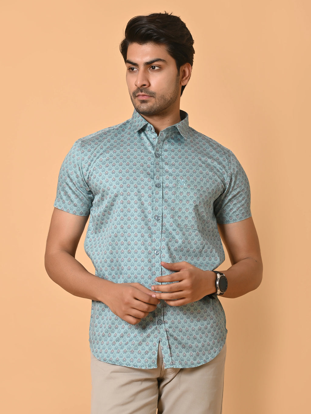 Men's Premium Satin Light Blue Half Sleeves Floral Checks Pattern Printed Shirt
