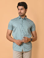 Men's Premium Satin Light Blue Half Sleeves Floral Checks Pattern Printed Shirt
