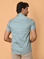 Men's Premium Satin Light Blue Half Sleeves Floral Checks Pattern Printed Shirt