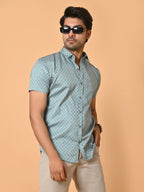 Men's Premium Satin Light Blue Half Sleeves Floral Checks Pattern Printed Shirt